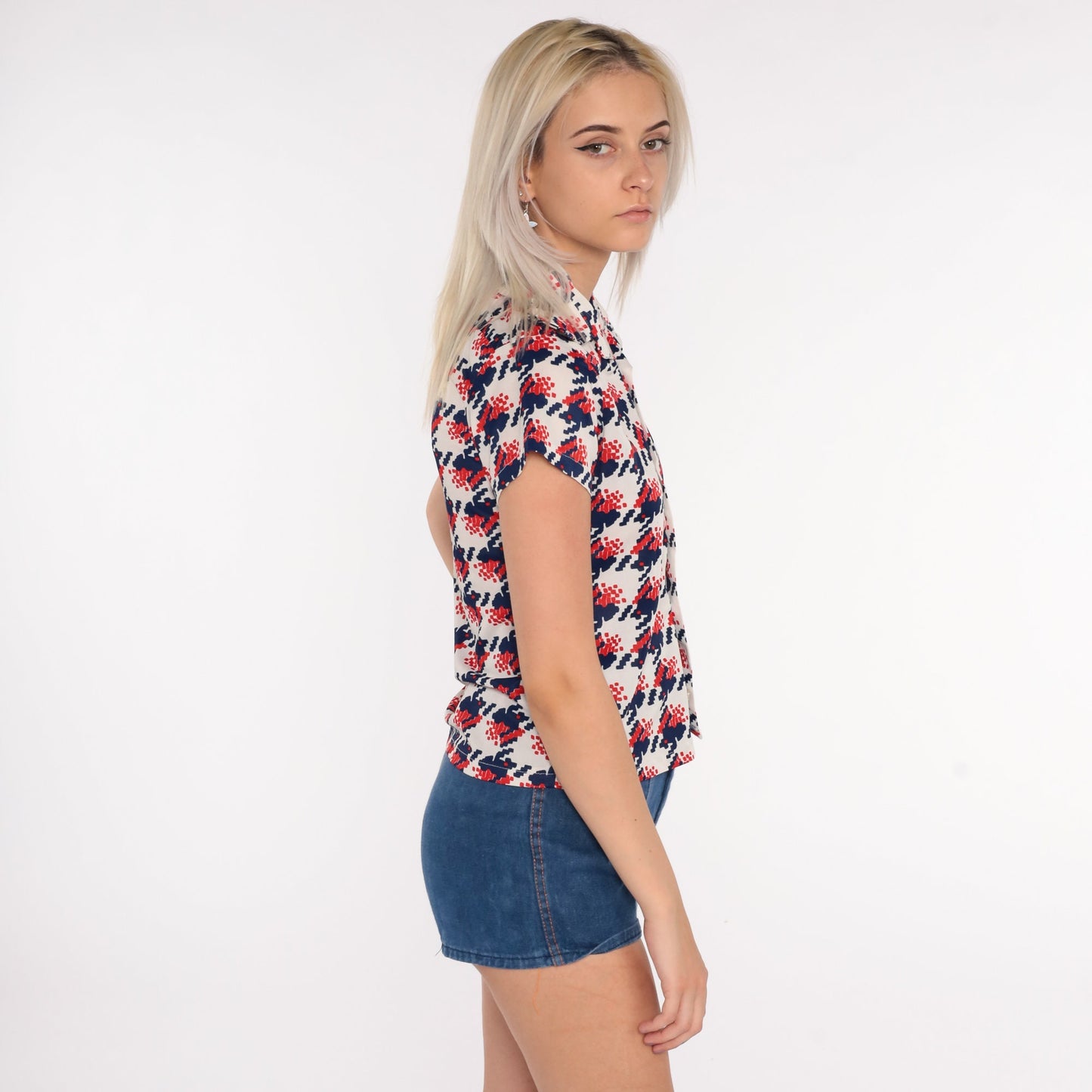 70s Geometric Print Button Up Shirt Brown Red White Blue Small