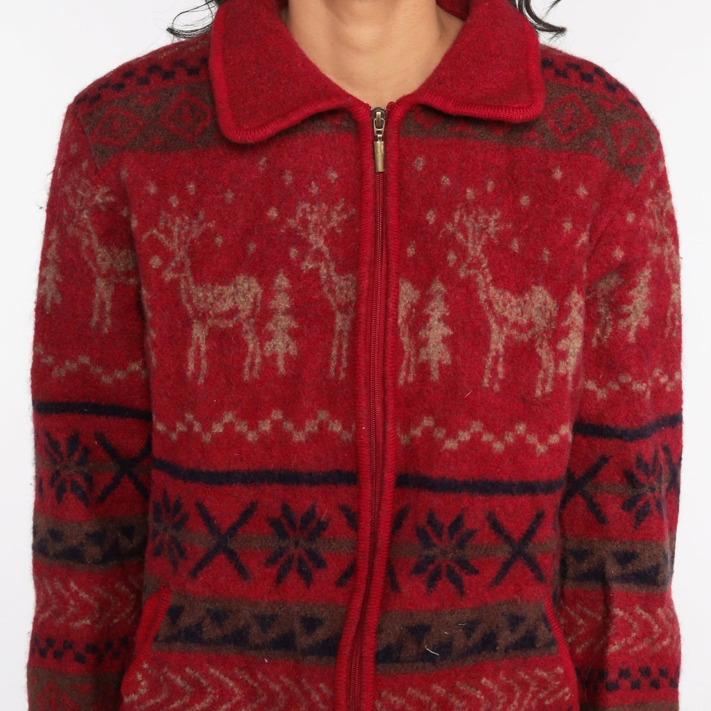 90s Venezia Wool Nordic Reindeer Zip Jacket Red Fair Isle Large L