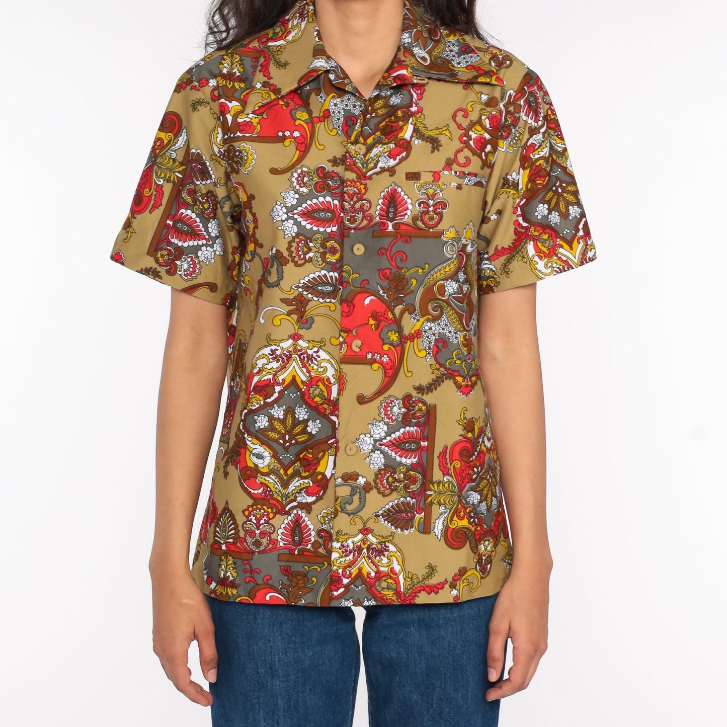70s Psychedelic Acid Print Button Up Shirt Short Sleeve Unisex Small Medium