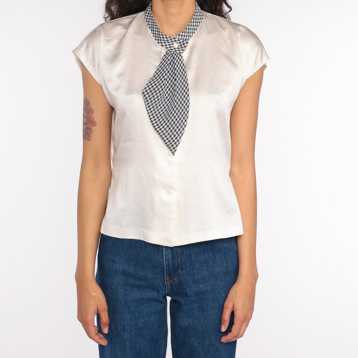 70s White Satin Blouse Gingham Ascot Cap Sleeve Button Up Medium