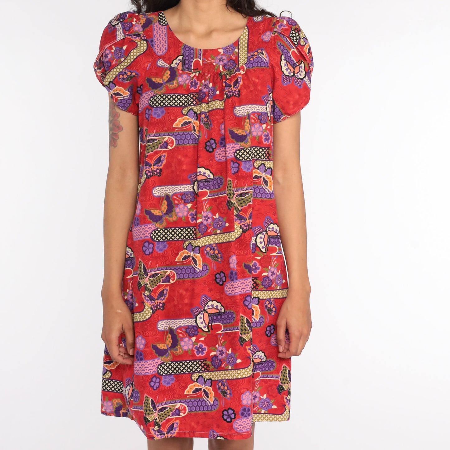 80s Butterfly Psychedelic Mini Dress Puff Sleeve Cotton Red Small