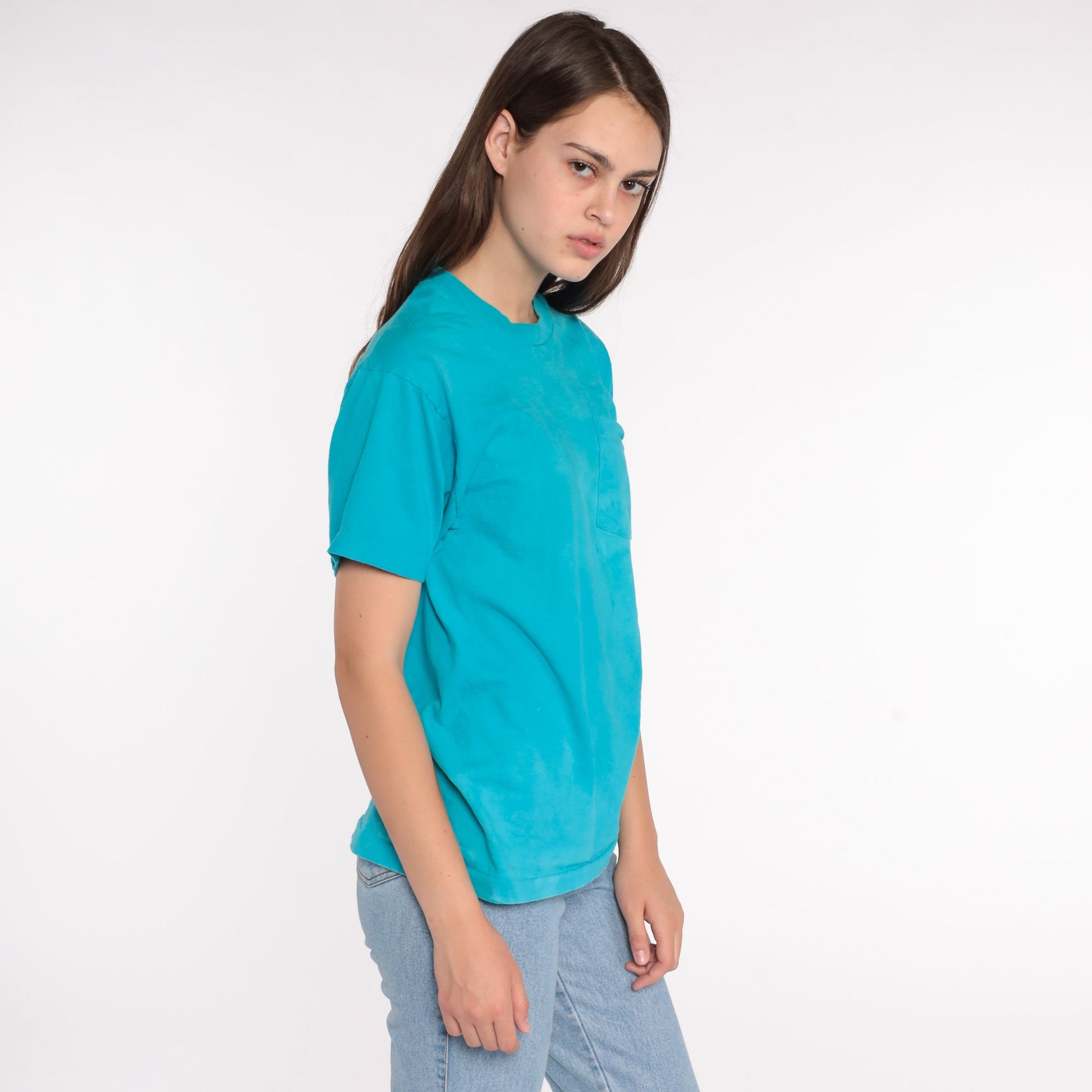 80s Blue Pocket T-Shirt Single Stitch Cotton Tee Medium