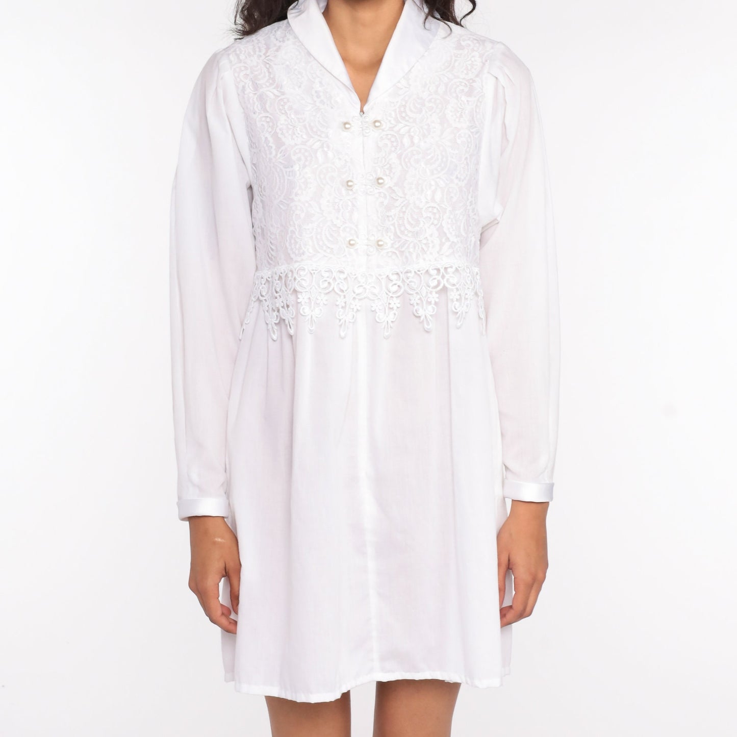 80s White Lace Mini Dress Puff Sleeve Front Zip Covenant Apparel Extra Small