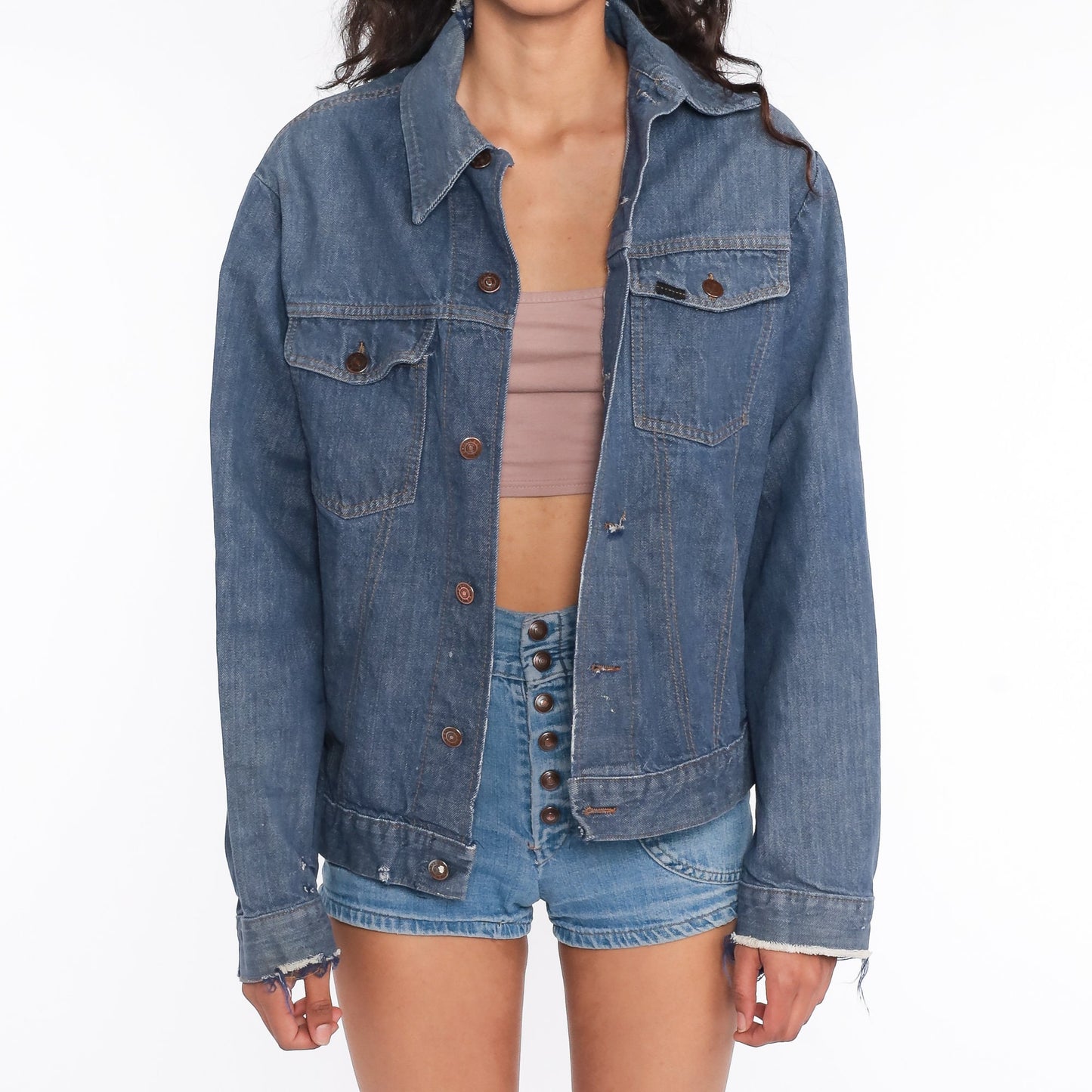 70s Roebucks Denim Jacket Blue Button-Up Biker Jean Medium