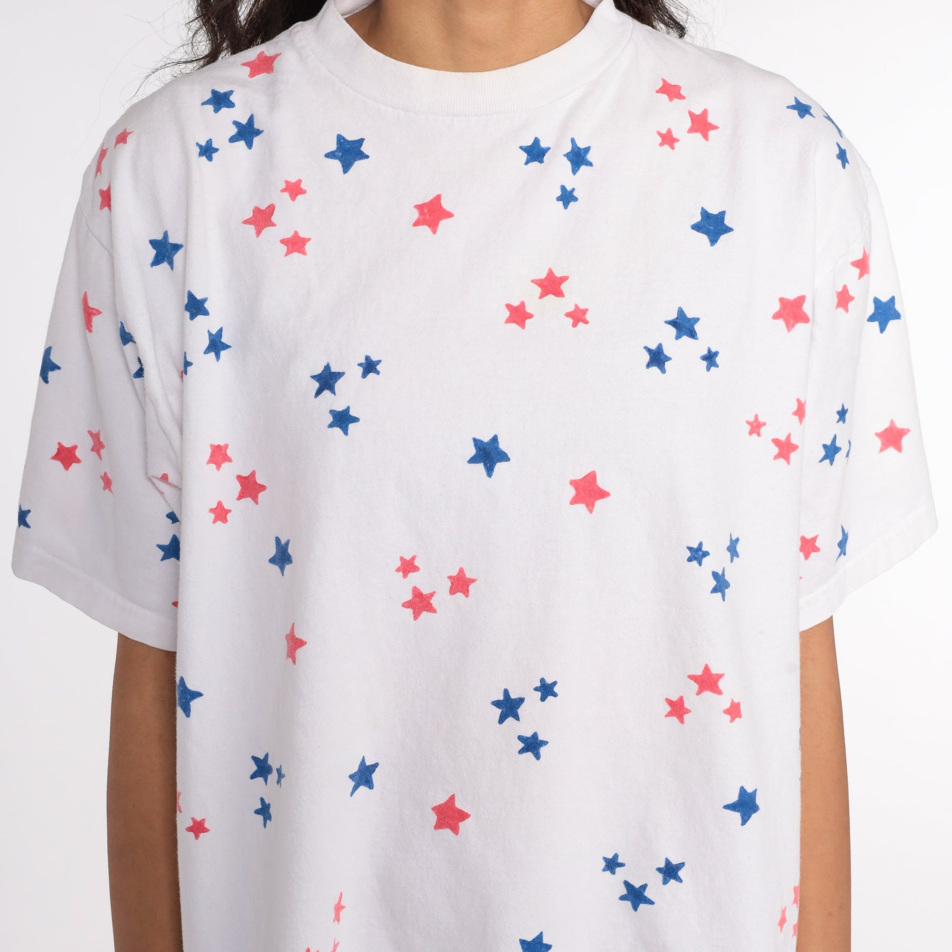 80s Star Print T-Shirt Red White Blue Geometric All Over Graphic Cotton Large