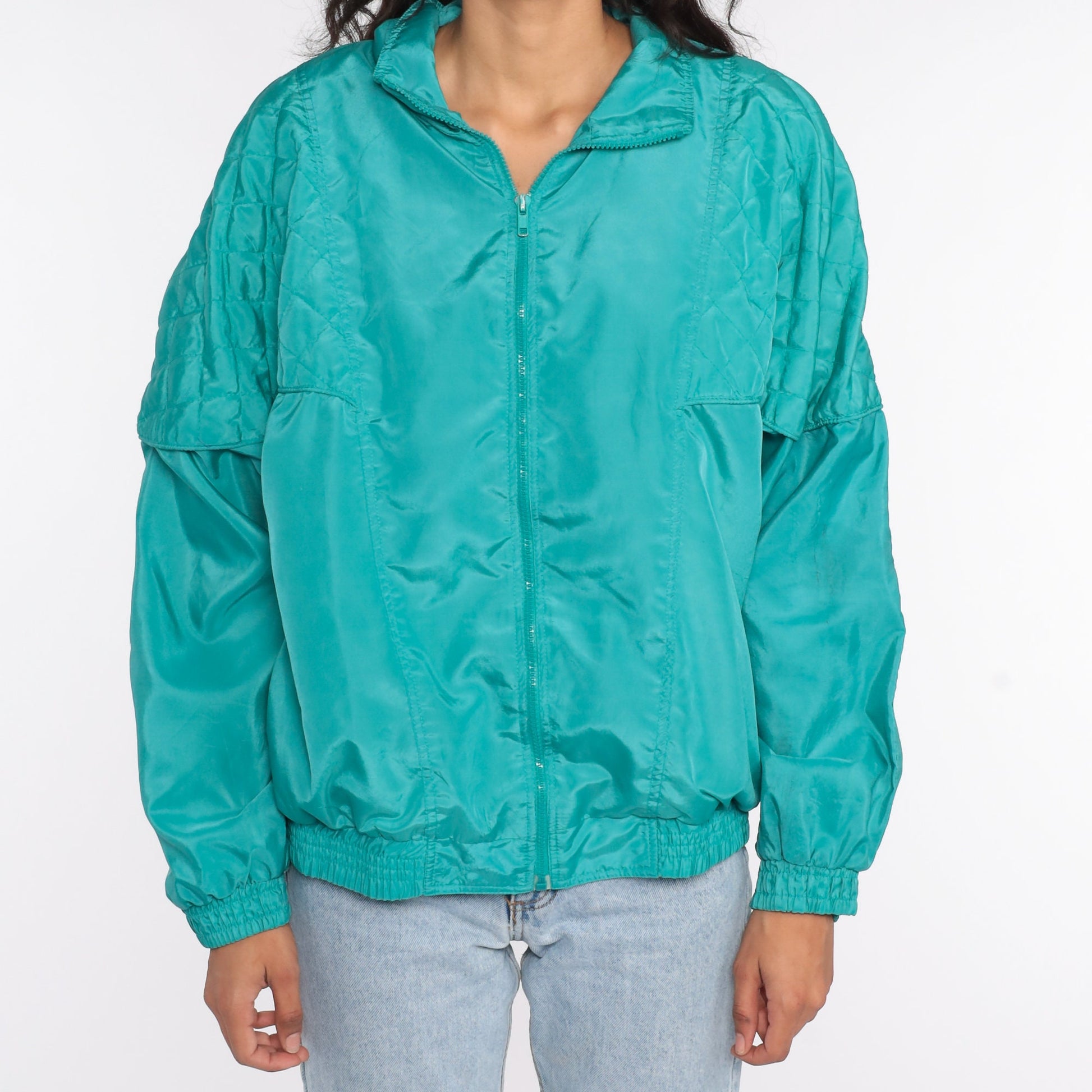 80s Turquoise Quilted Windbreaker Jacket Zip Up Large