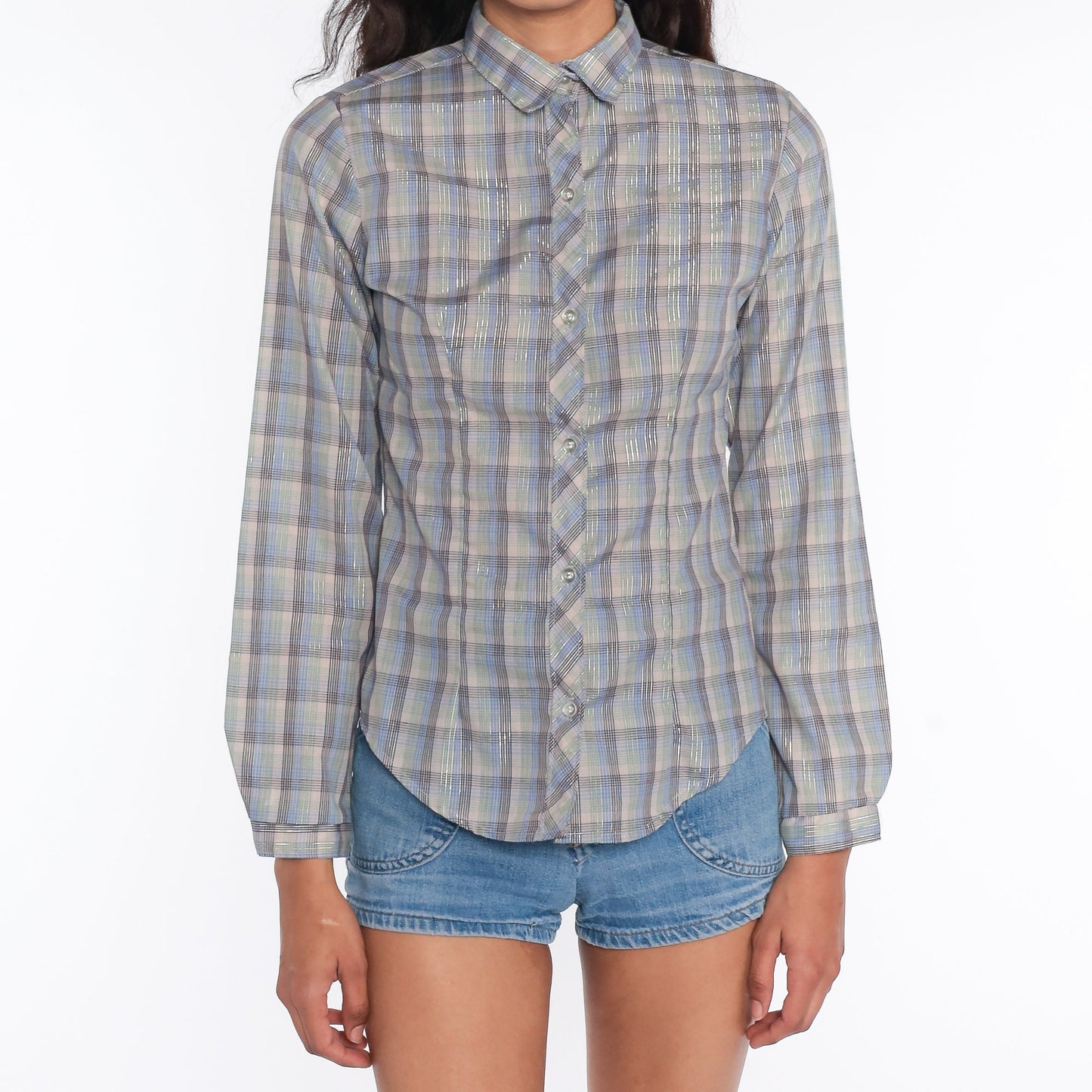 80s Plaid Blouse Metallic Stripes Button Down Long Sleeve Taupe Green Blue Small S