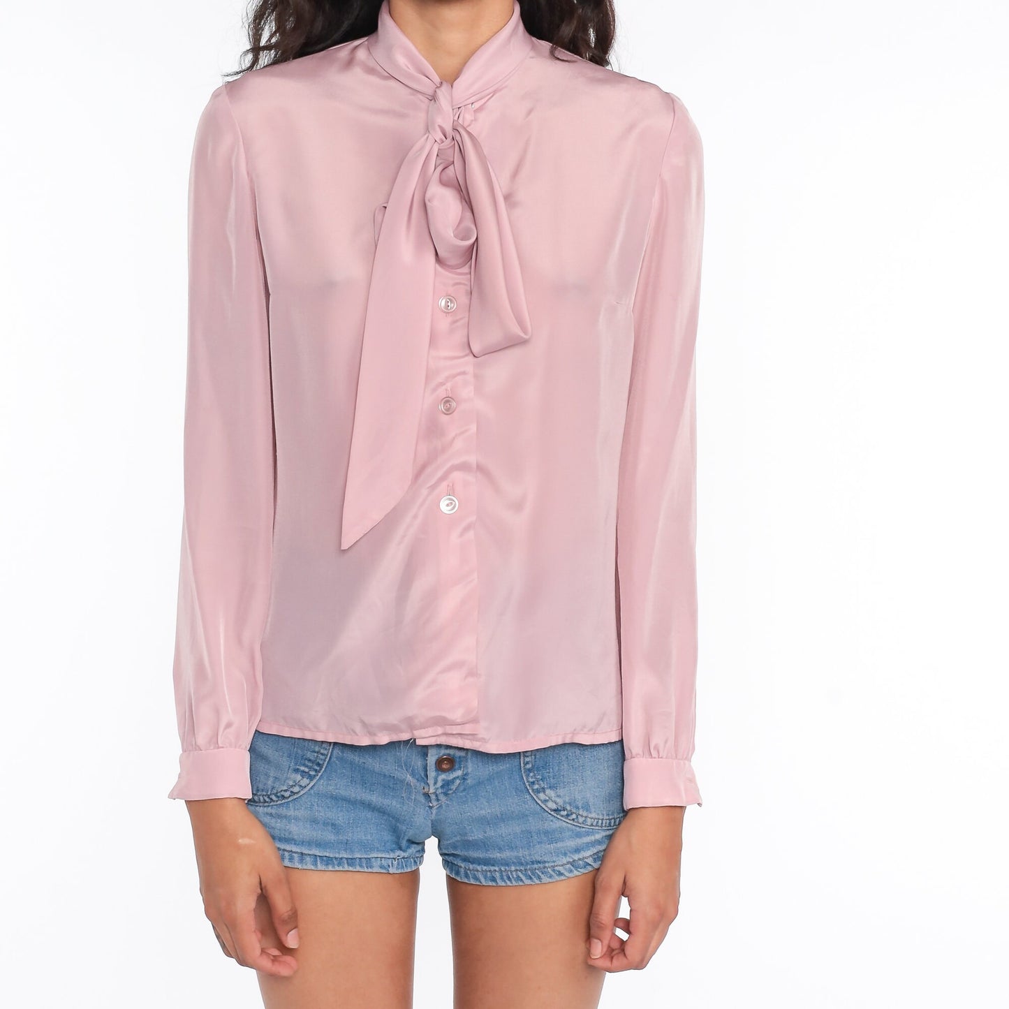 70s 80s Pink Ascot Bow Blouse Long Sleeve Button Up Medium
