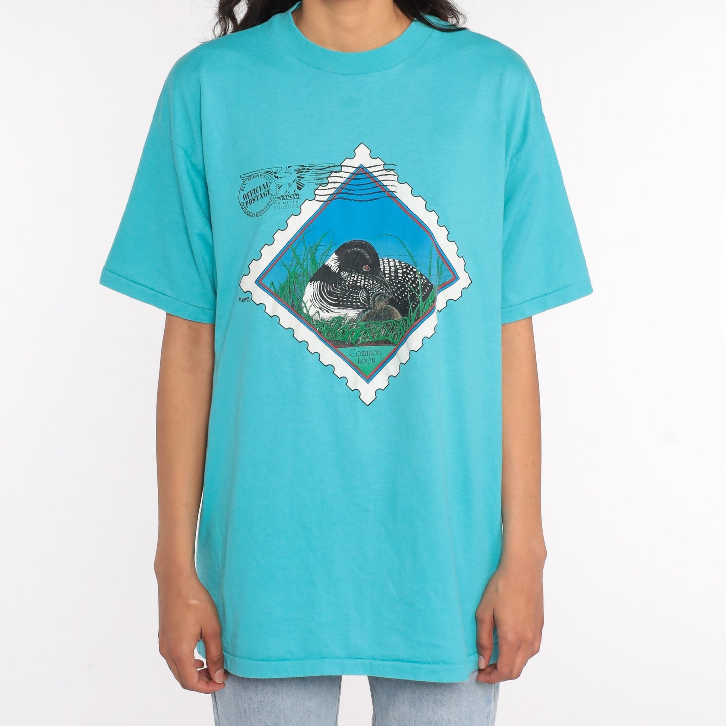 80s Common Loon Postage Stamp Graphic T-Shirt Bird Print Large