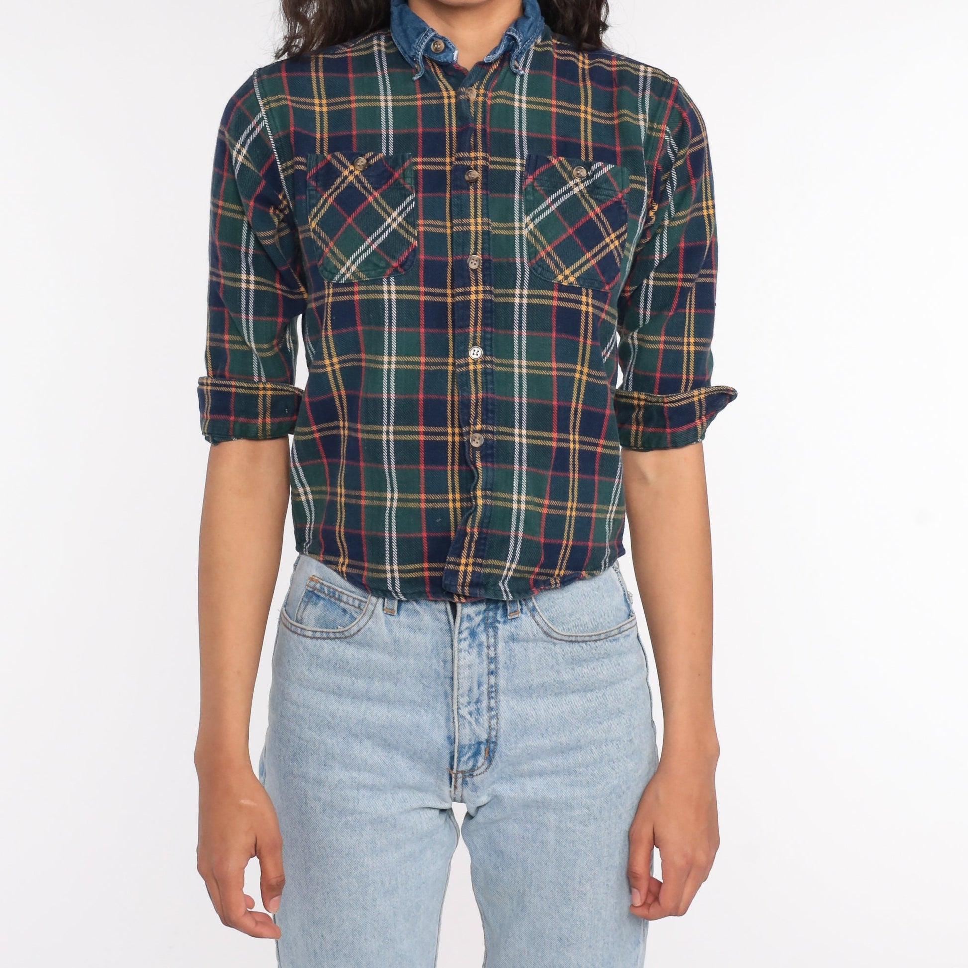 90s Plaid Flannel Shirt Denim Collar Blue Green Button Up Extra Small XS
