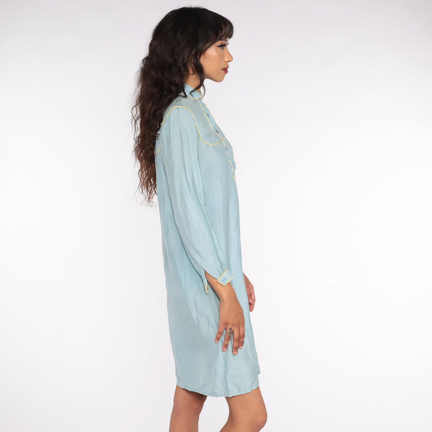 70s Blue Silk Mini Dress Peter Pan Collar Shift Long Sleeve Small