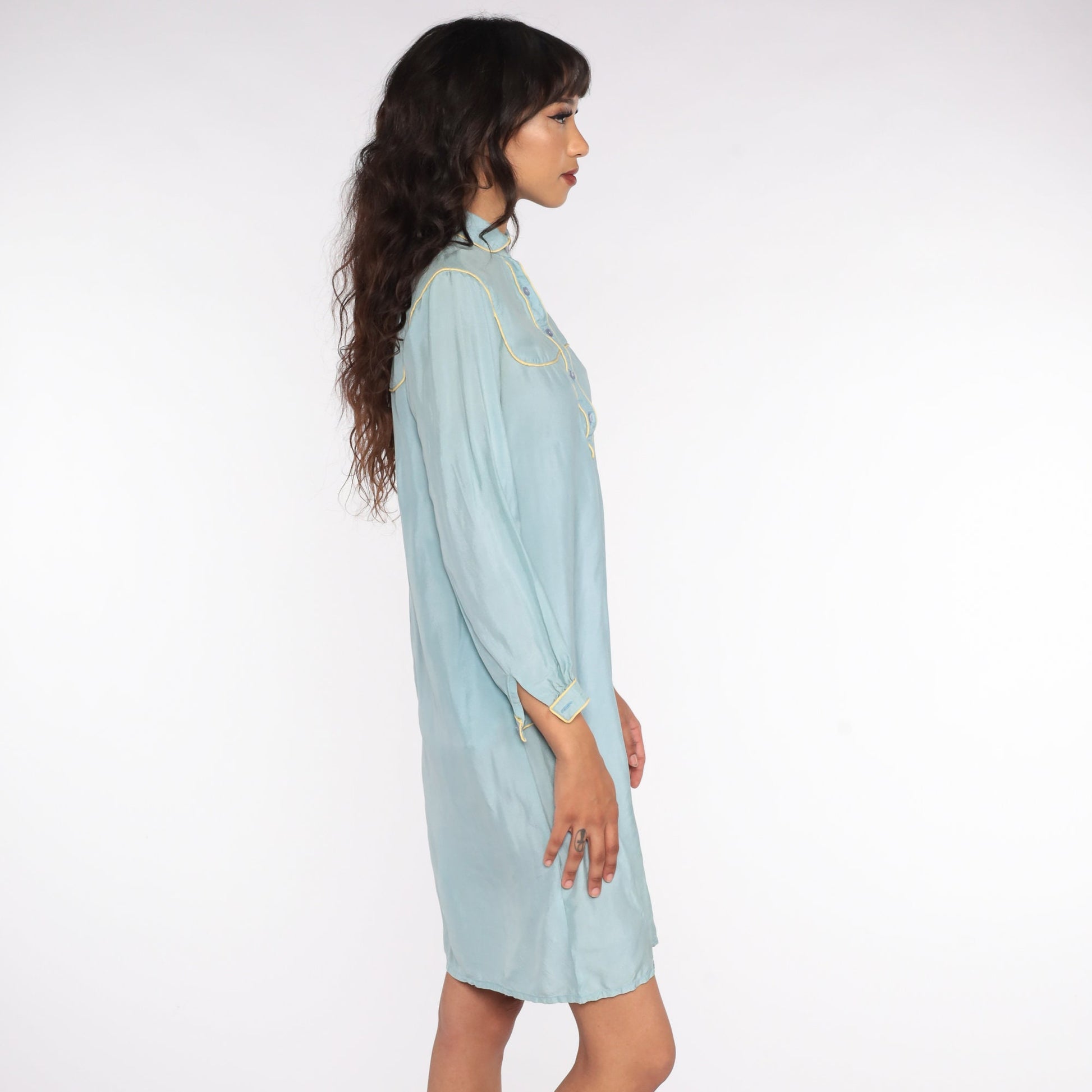 70s Blue Silk Mini Dress Peter Pan Collar Shift Long Sleeve Small