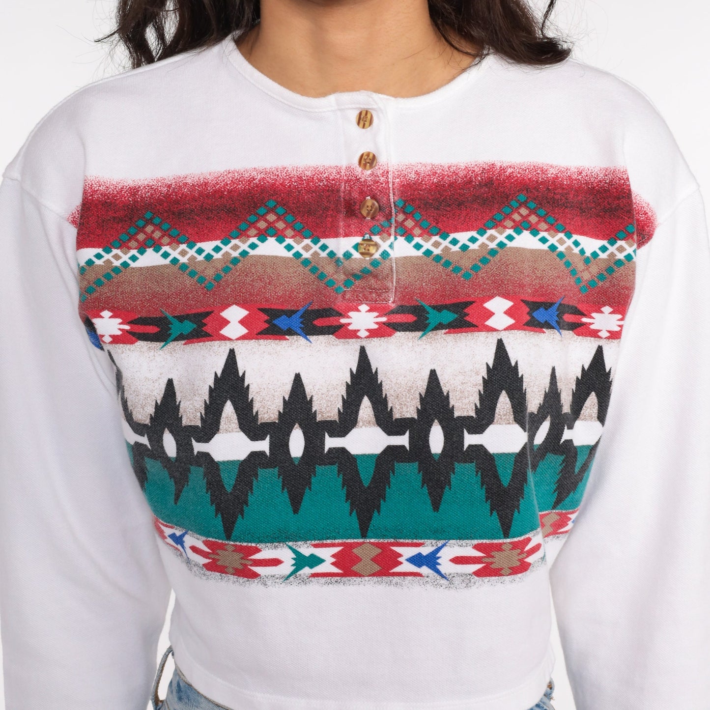 80s Southwestern Geometric Crop Top Striped Long Sleeve Cotton Medium