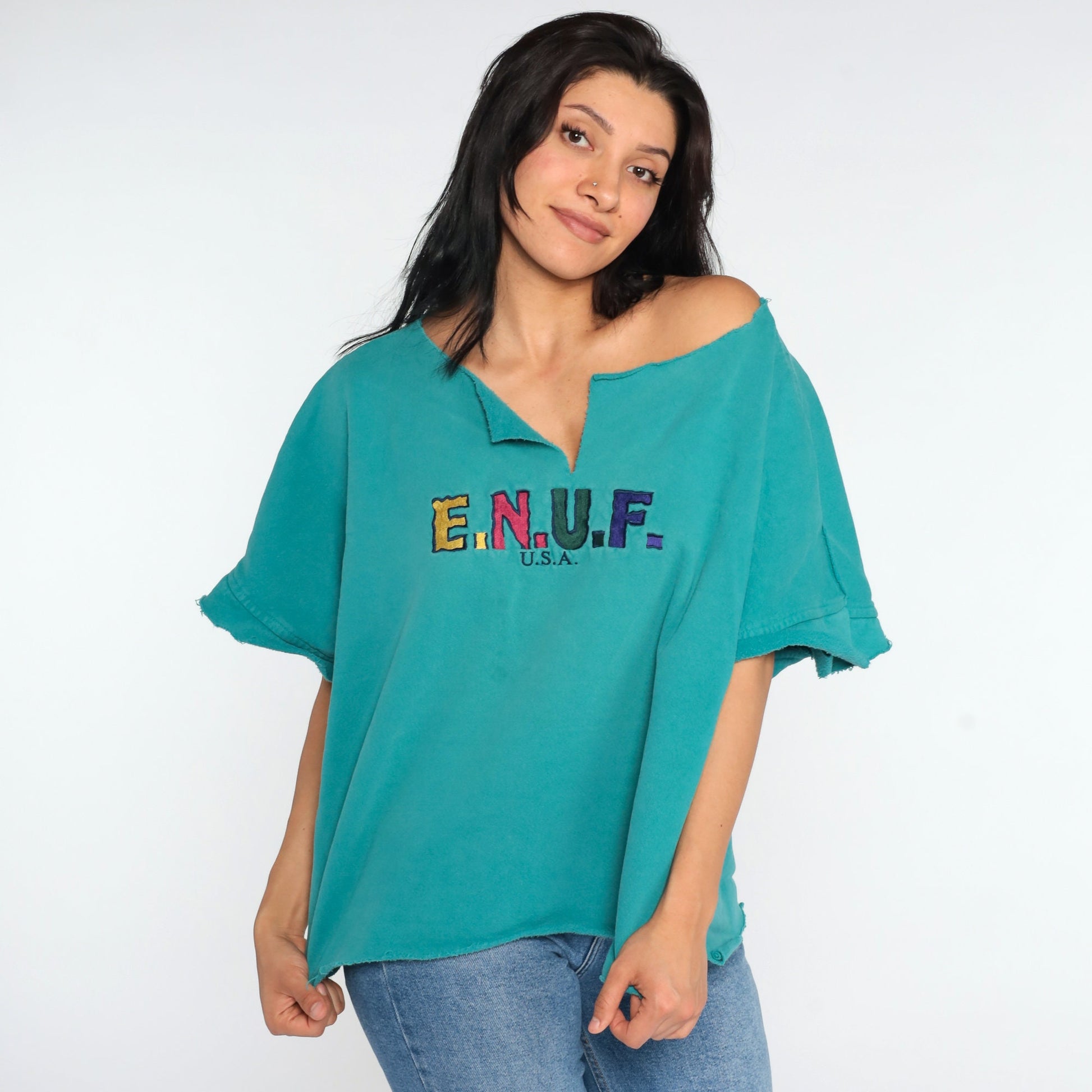 90s Enuf Rainbow Spellout T-Shirt Turquoise Green Cutoff Large