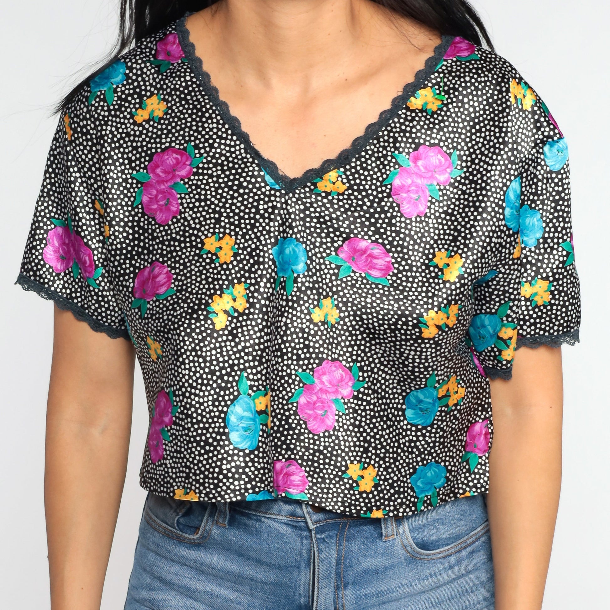 90s Black Floral Polka Dot Blouse Lace Trim V-Neck Short Sleeve Medium Large