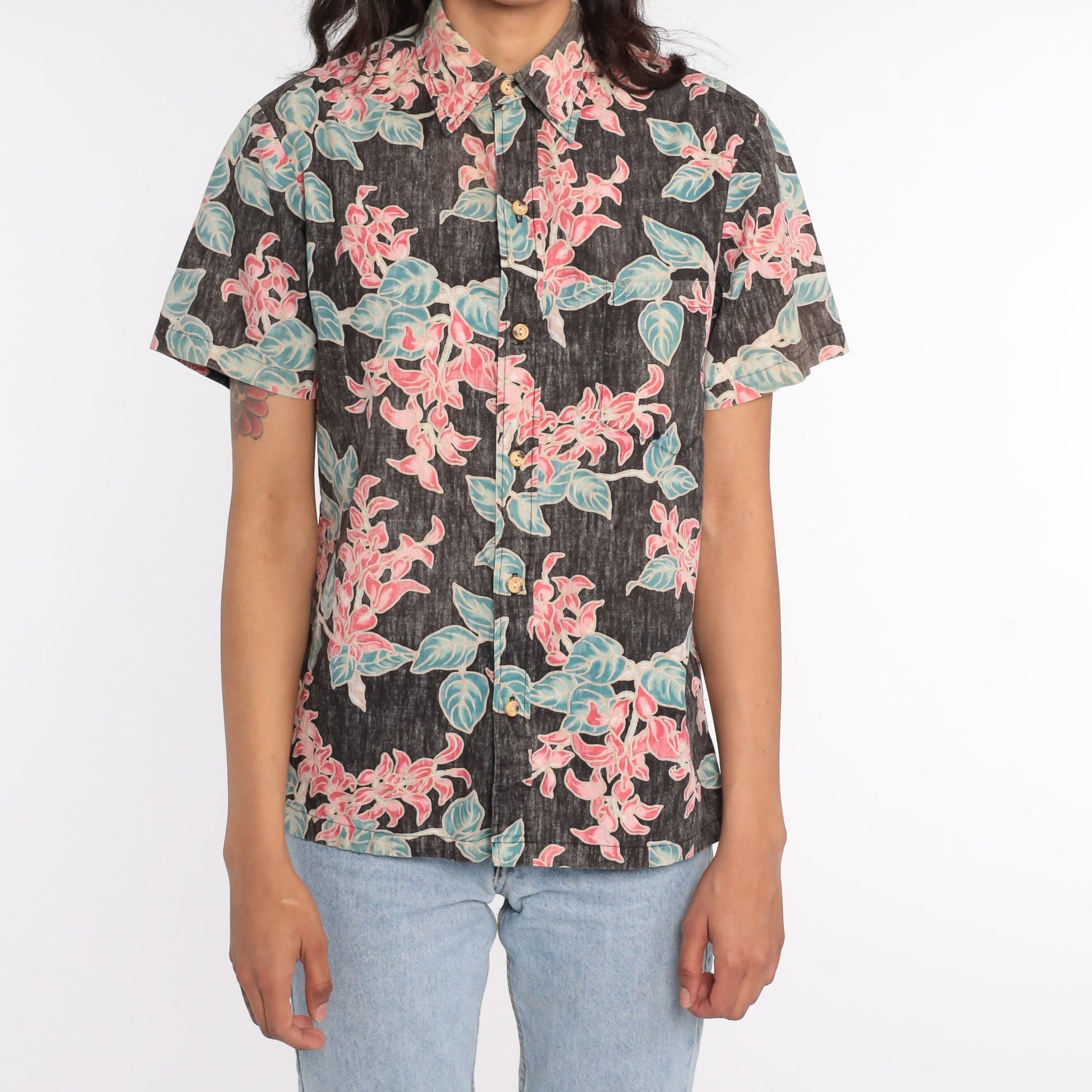 80s Cooke Street Hawaiian Shirt Tropical Floral Black Button Up Small