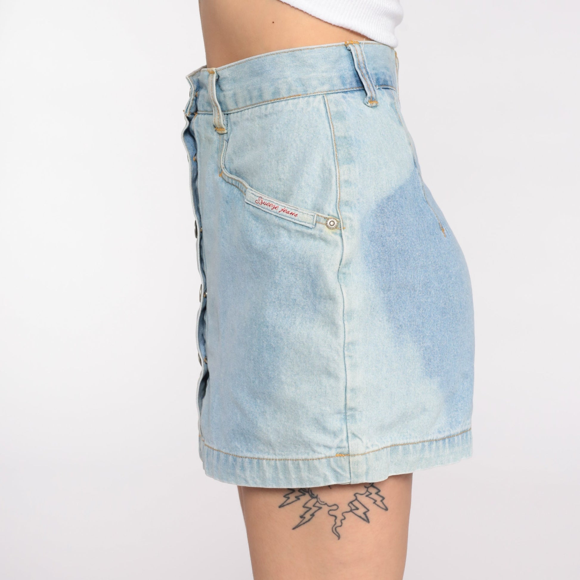 90s Squeeze Jeans Blue Denim Skort High Waisted Button Up Extra Small