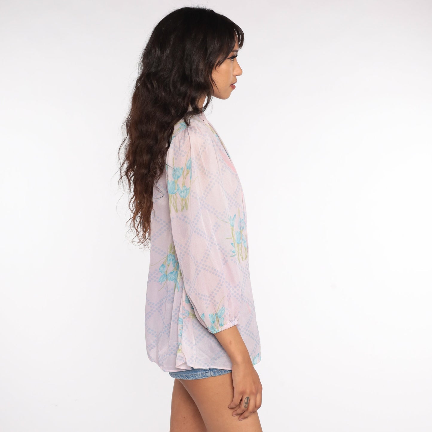70s Floral Ascot Blouse Sheer Pink Puff Sleeve Bow Neck Medium