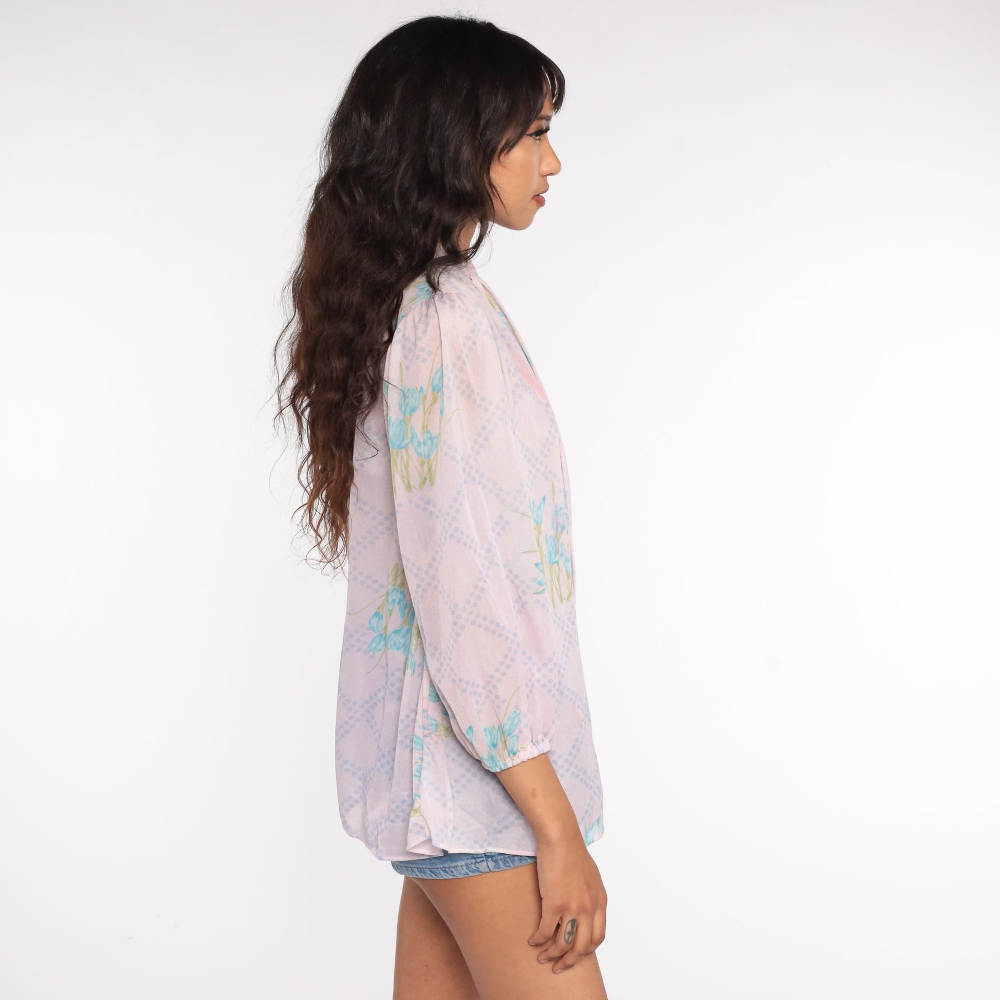 70s Floral Ascot Blouse Sheer Pink Puff Sleeve Bow Neck Medium