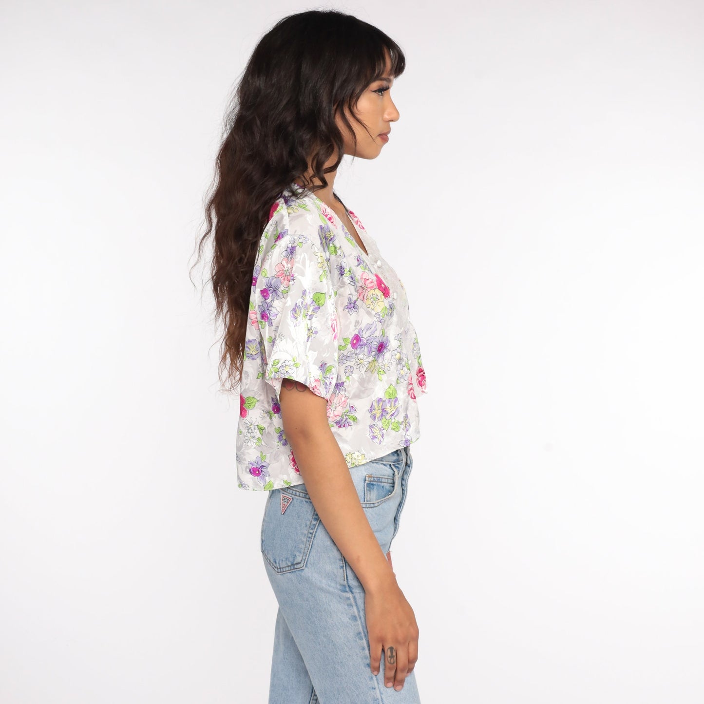 80s Floral Satin Lingerie Pajama Top Lace Crop Button-Up Large