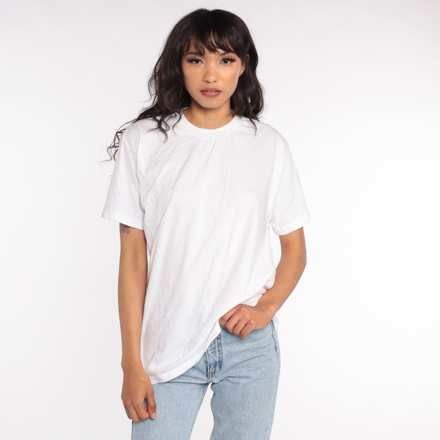 80s Plain White Cotton T-Shirt Single Stitch Crewneck Medium Large