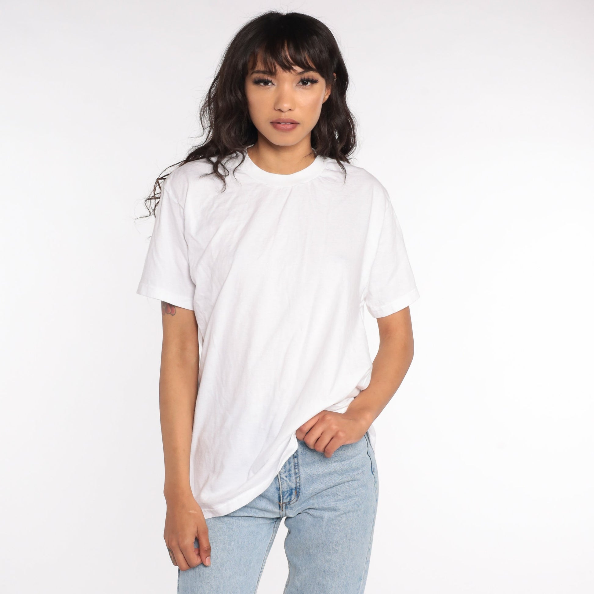 80s Plain White Cotton T-Shirt Single Stitch Crewneck Medium Large