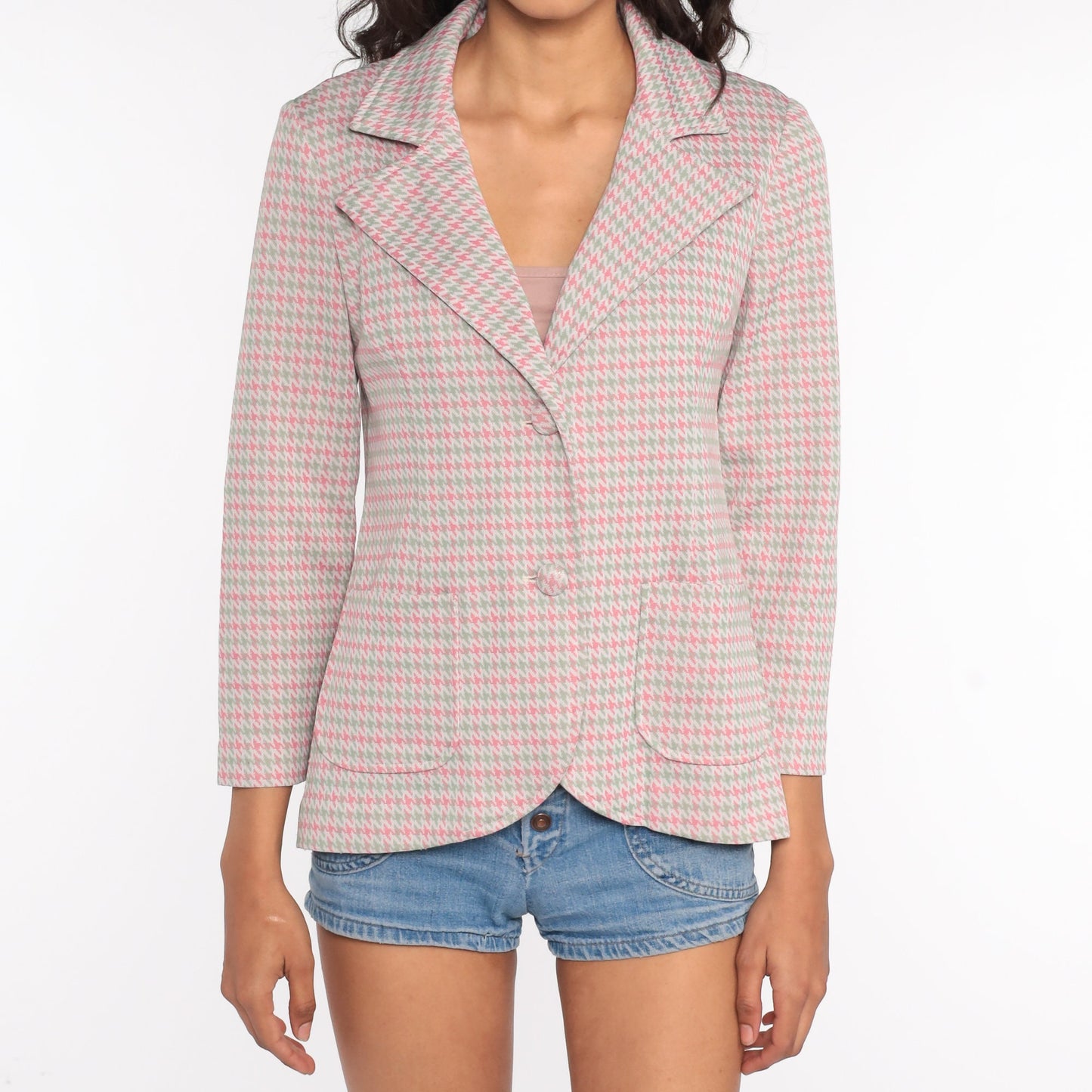 70s Checkered Blazer Pink Green Plaid Jacket Small