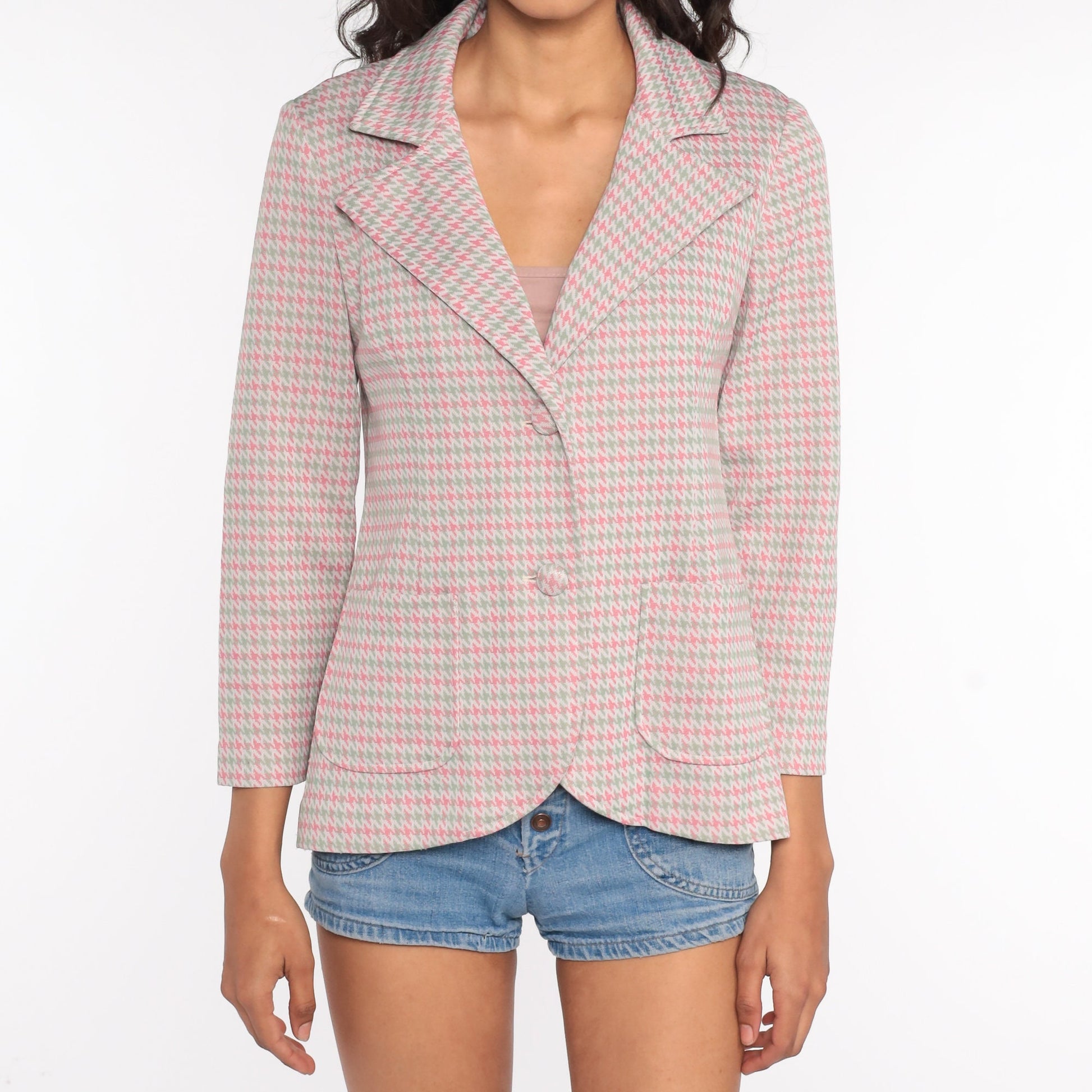 70s Checkered Blazer Pink Green Plaid Jacket Small