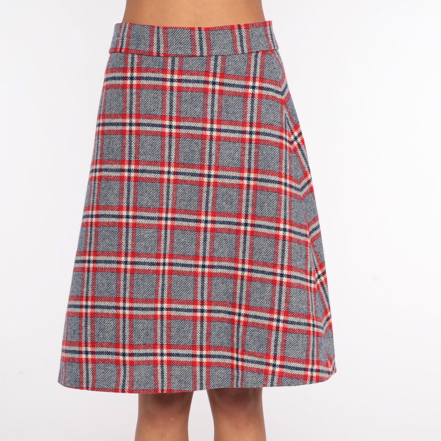 70s Grey Red Checkered Midi Skirt High Waisted Plaid Small