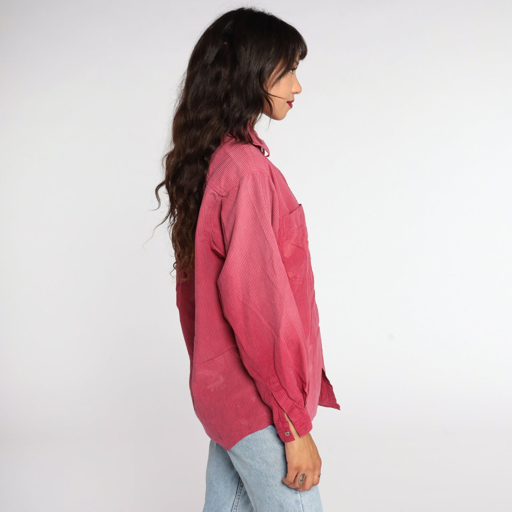 90s Calvin Klein Red Striped Oxford Button-Up Shirt Distressed Cotton Medium