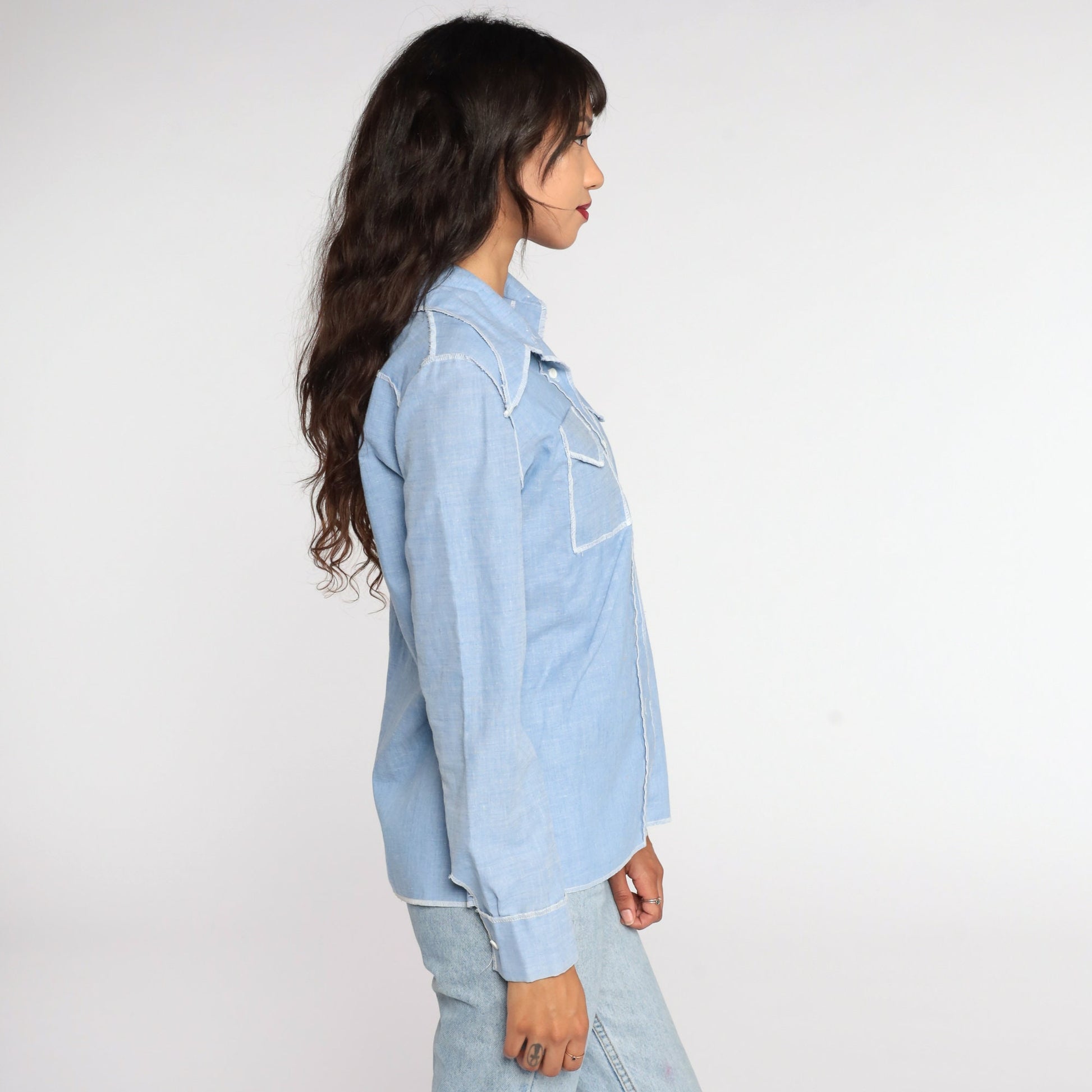 70s Blue Chambray Cotton Button-Up Shirt Long Sleeve Medium