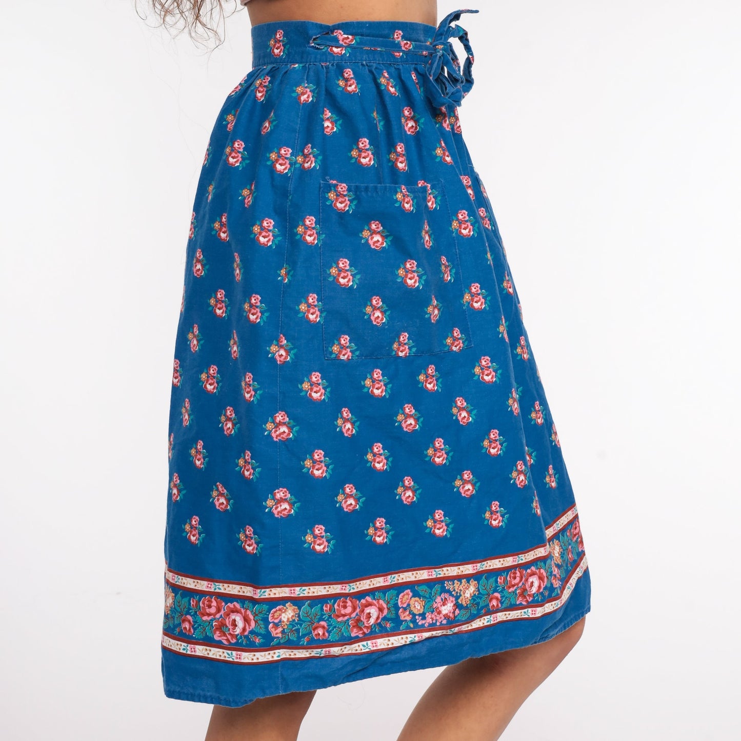 70s Floral Wrap Skirt Midi Blue Print Cotton High Waist Small Medium
