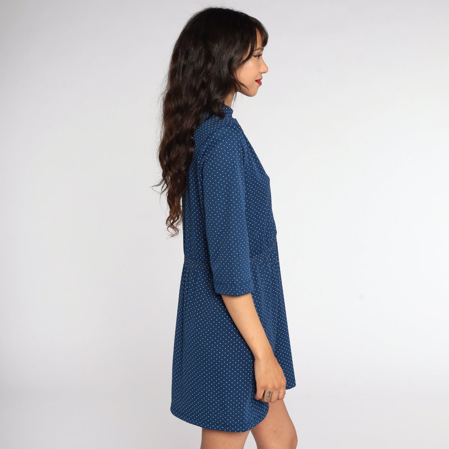 70s Blue Polka Dot Mini Dress High Waisted Short Sleeve Medium