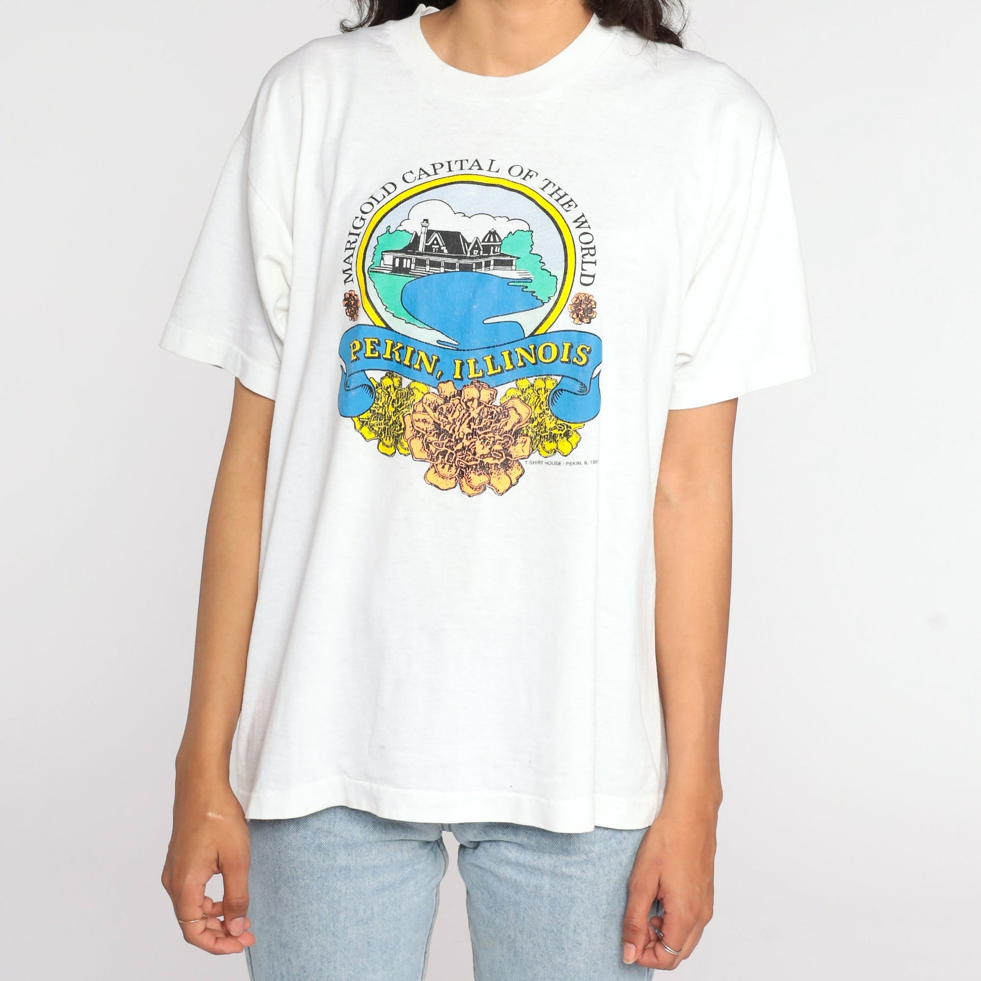 90s Pekin Illinois Graphic T-Shirt Floral Print Screen Stars Extra Large XL