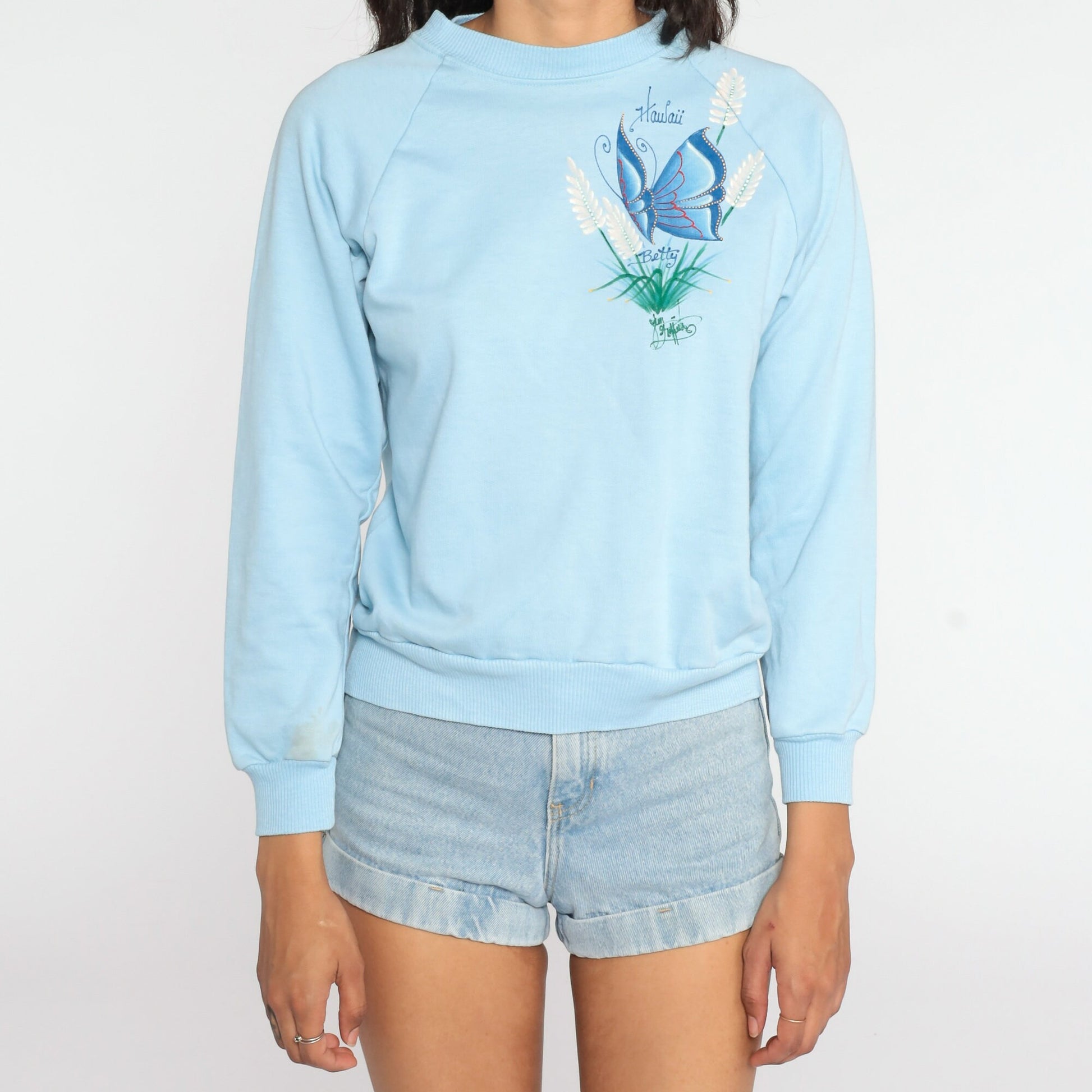 80s Hawaii Butterfly Sweatshirt Baby Blue Hand Painted Betty Raglan Extra Small
