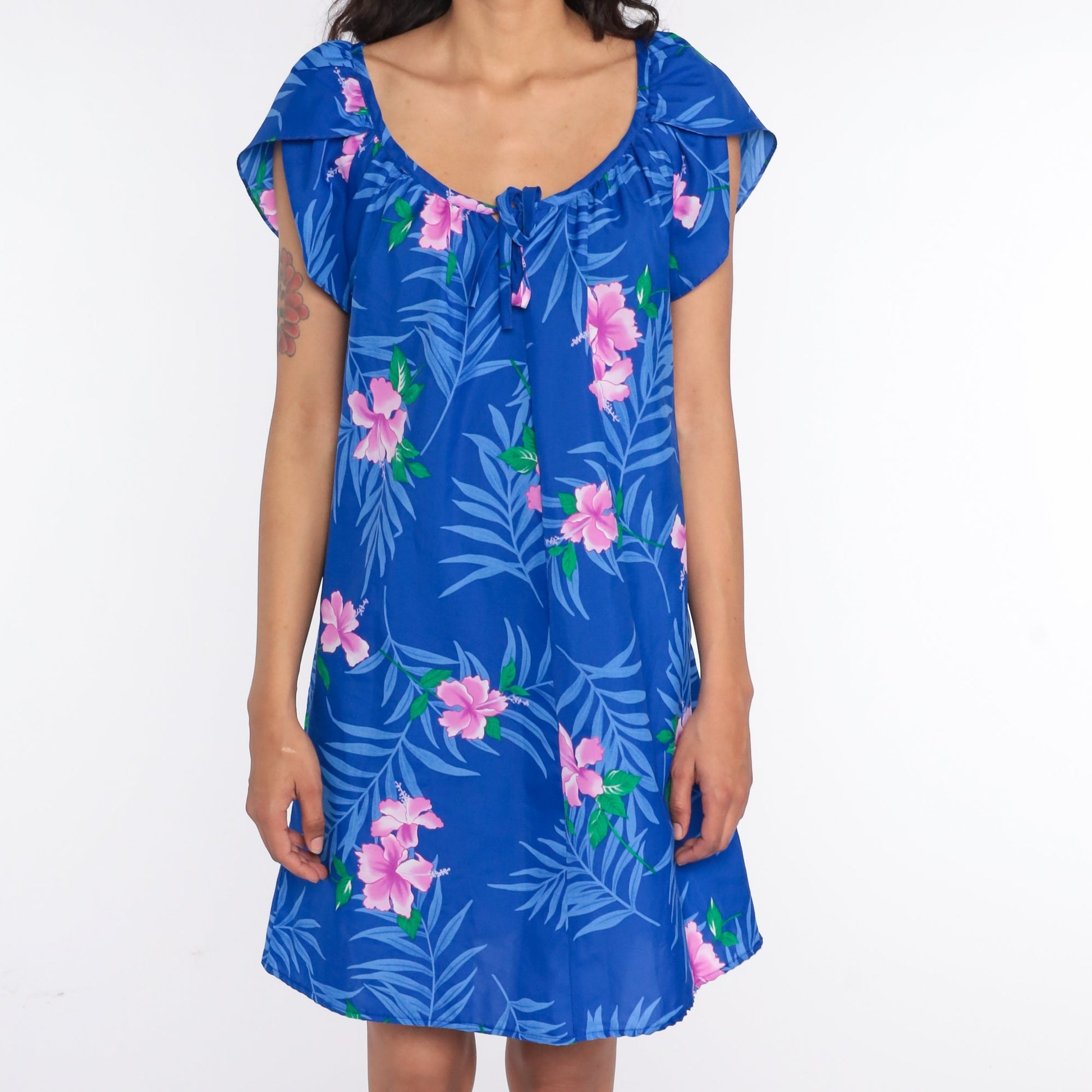 80s Hawaiian Floral Mini Dress Blue Puff Sleeve Shift Large