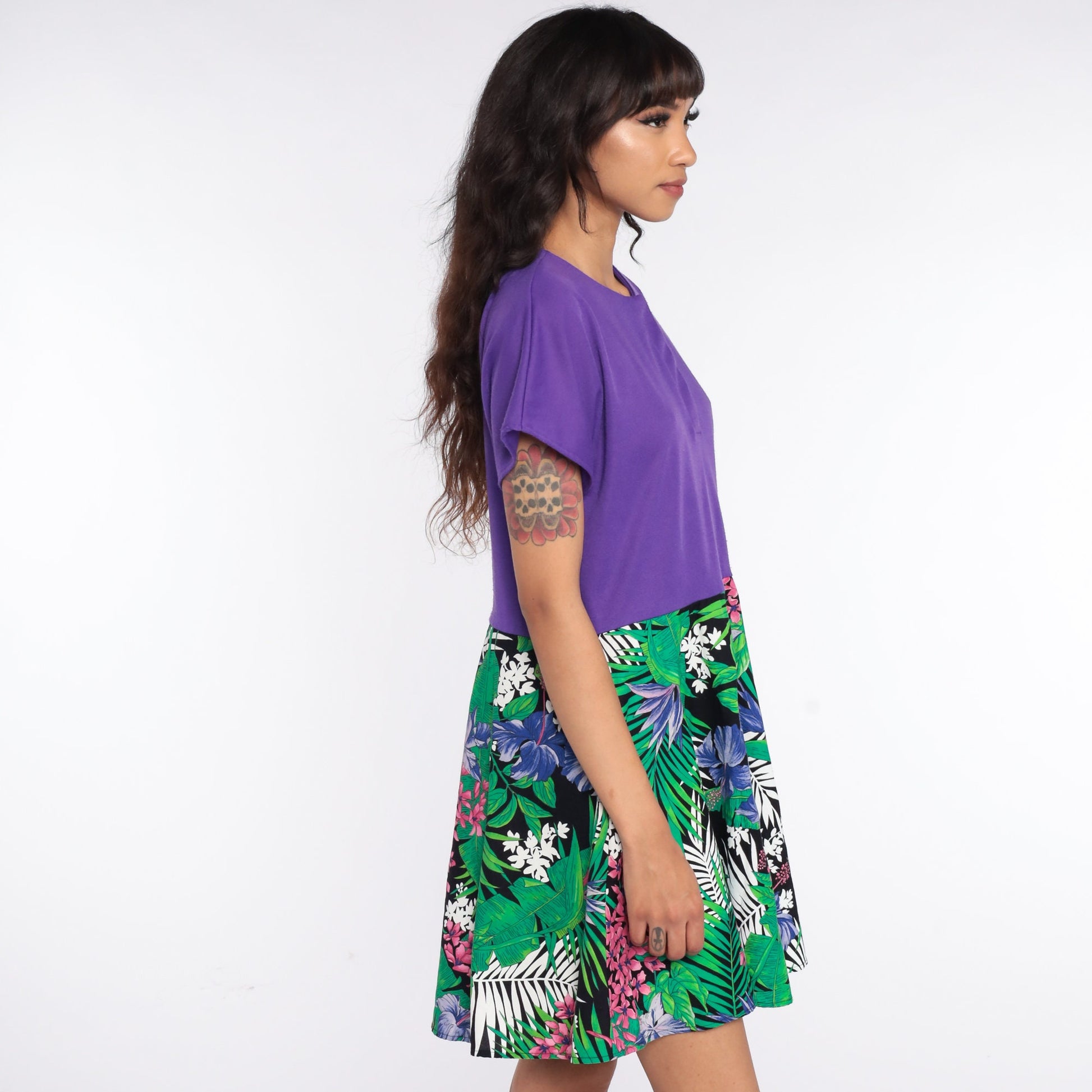 80s Tropical Floral Mini Dress Purple Bodice High Waisted Cap Sleeve Medium