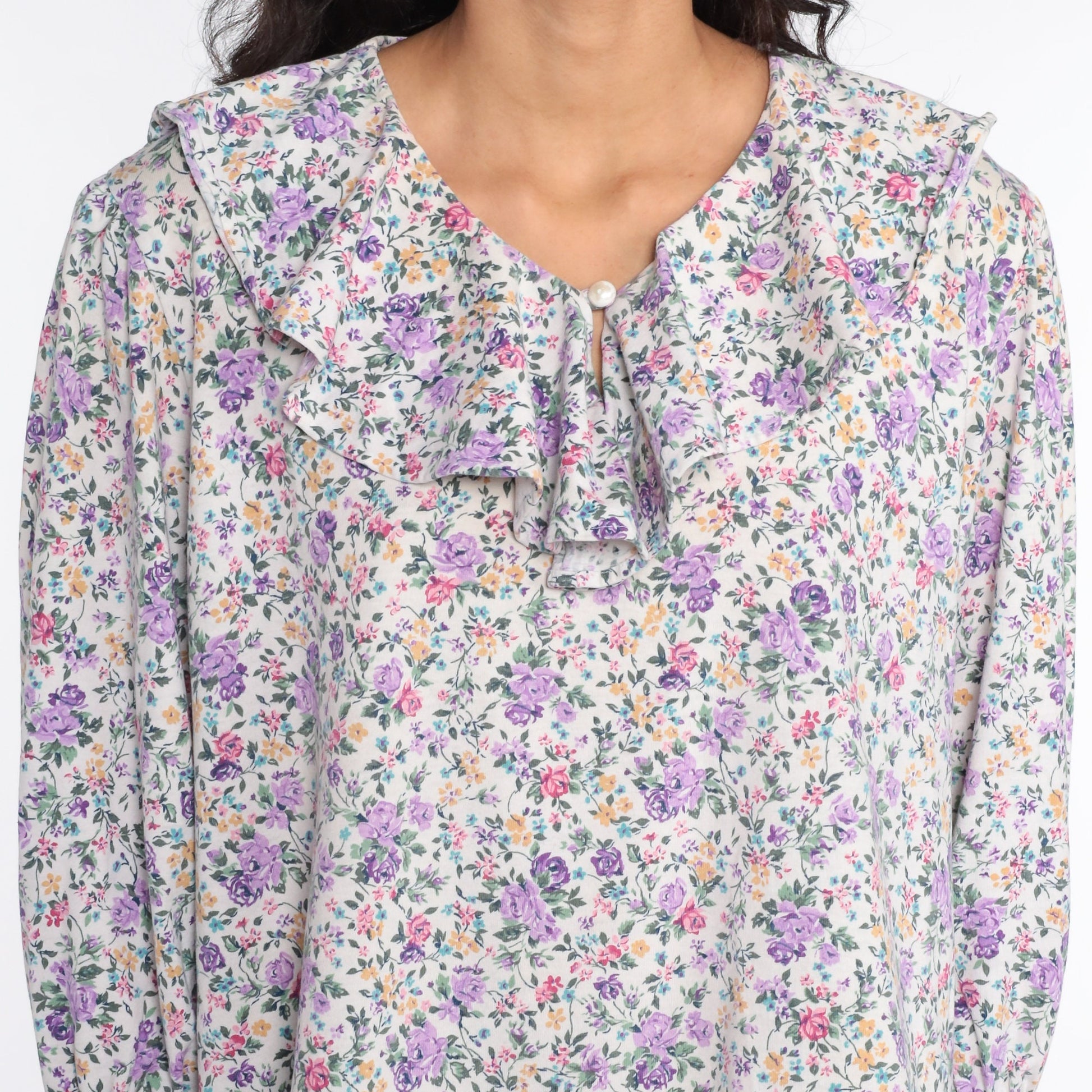 80s Floral Tuxedo Blouse Purple Ruffle Long Sleeve Medium
