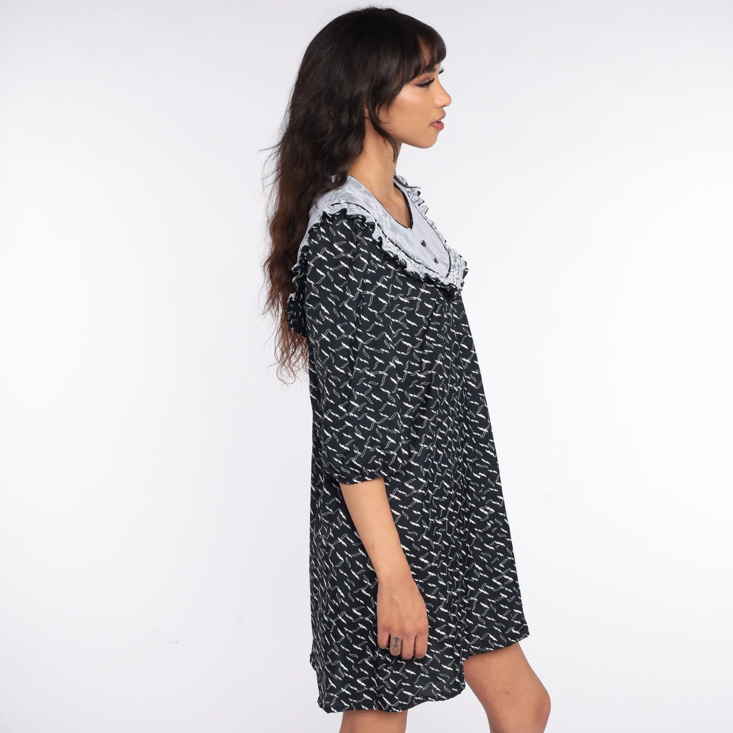 80s Black Geometric Lace Bib Mini Dress Tent Cut Small S