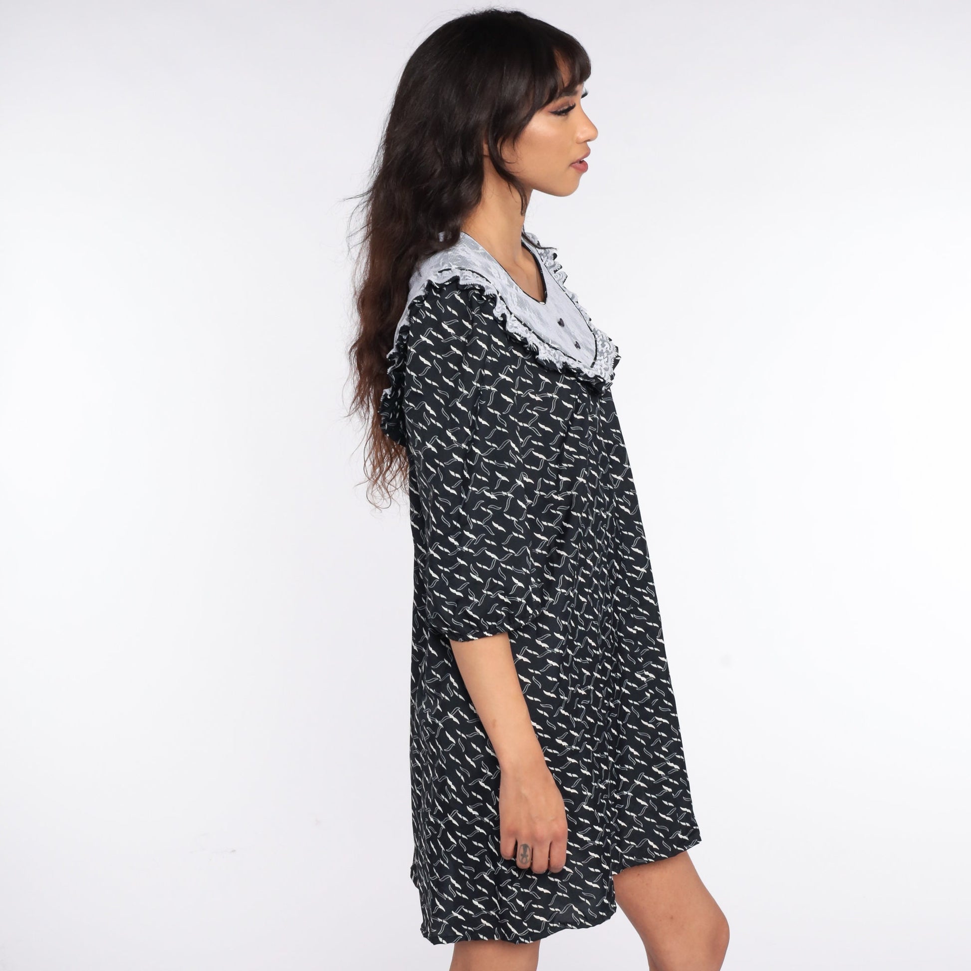 80s Black Geometric Lace Bib Mini Dress Tent Cut Small S