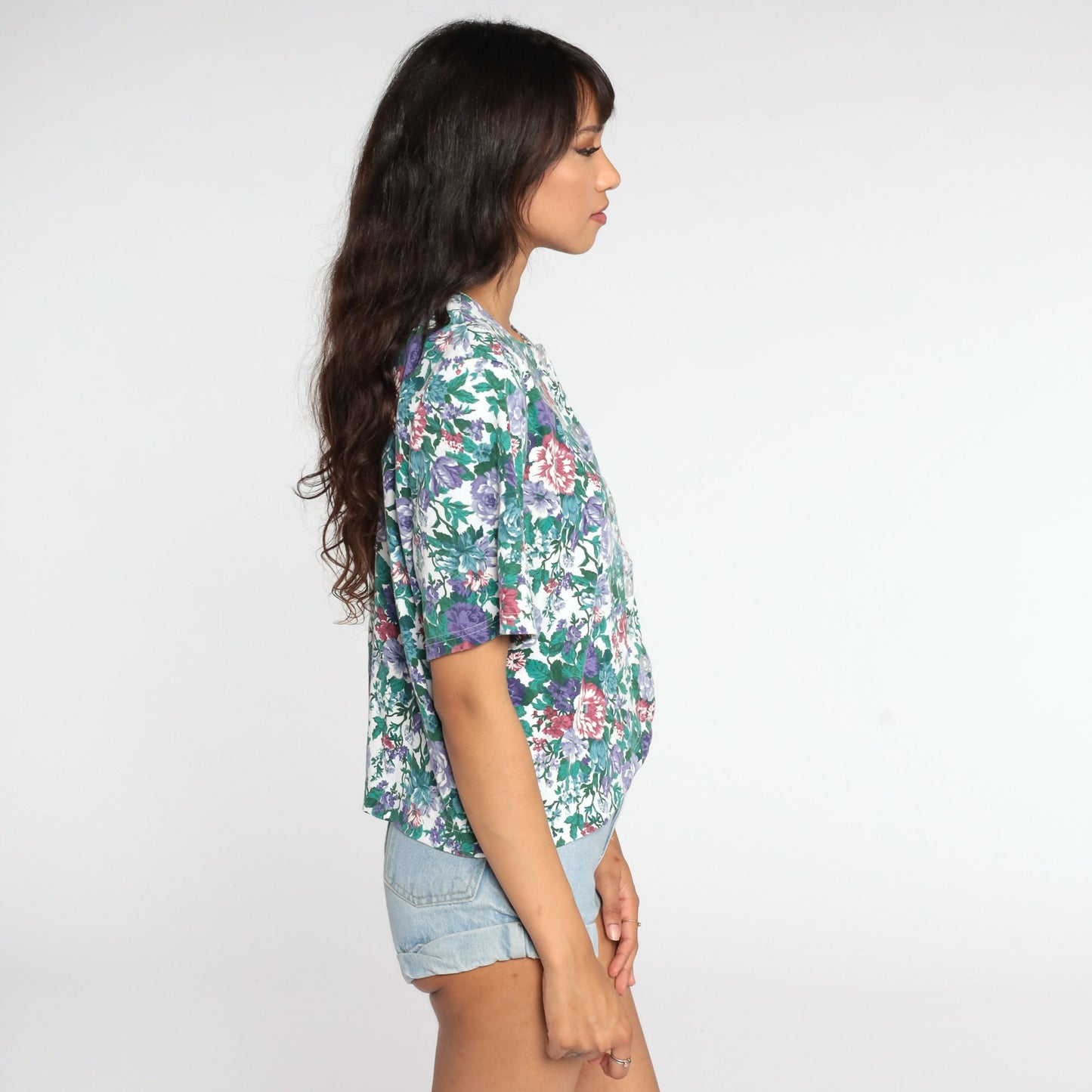 80s Floral Button-Up Blouse Short Sleeve Shirt Cotton Blend Large L