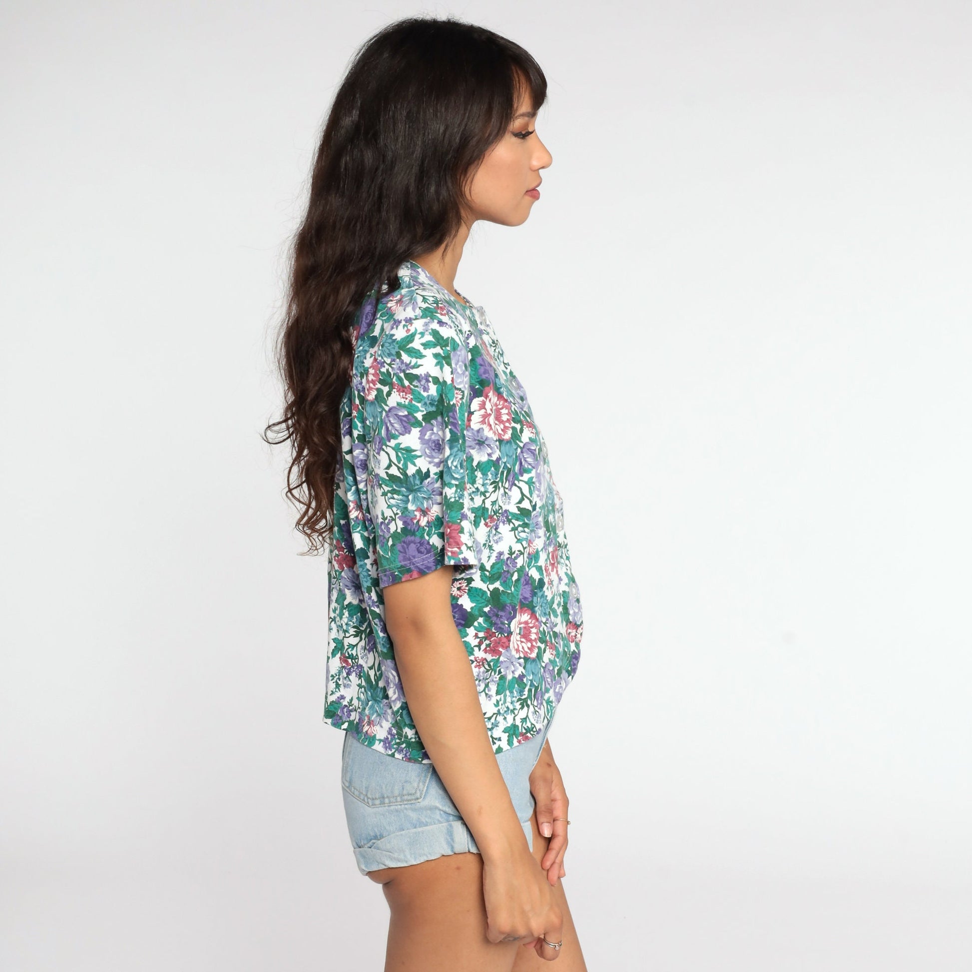 80s Floral Button-Up Blouse Short Sleeve Shirt Cotton Blend Large L