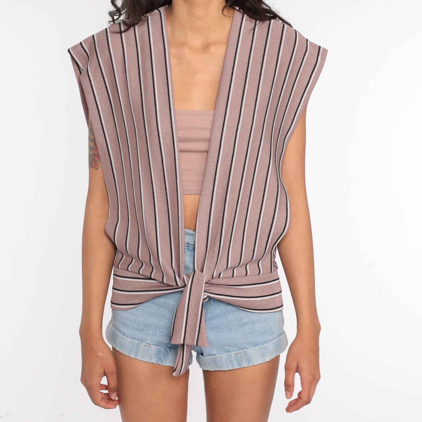 70s Taupe Striped Knit Tank Top Deep V Neck Sleeveless Plunge Small Medium Large