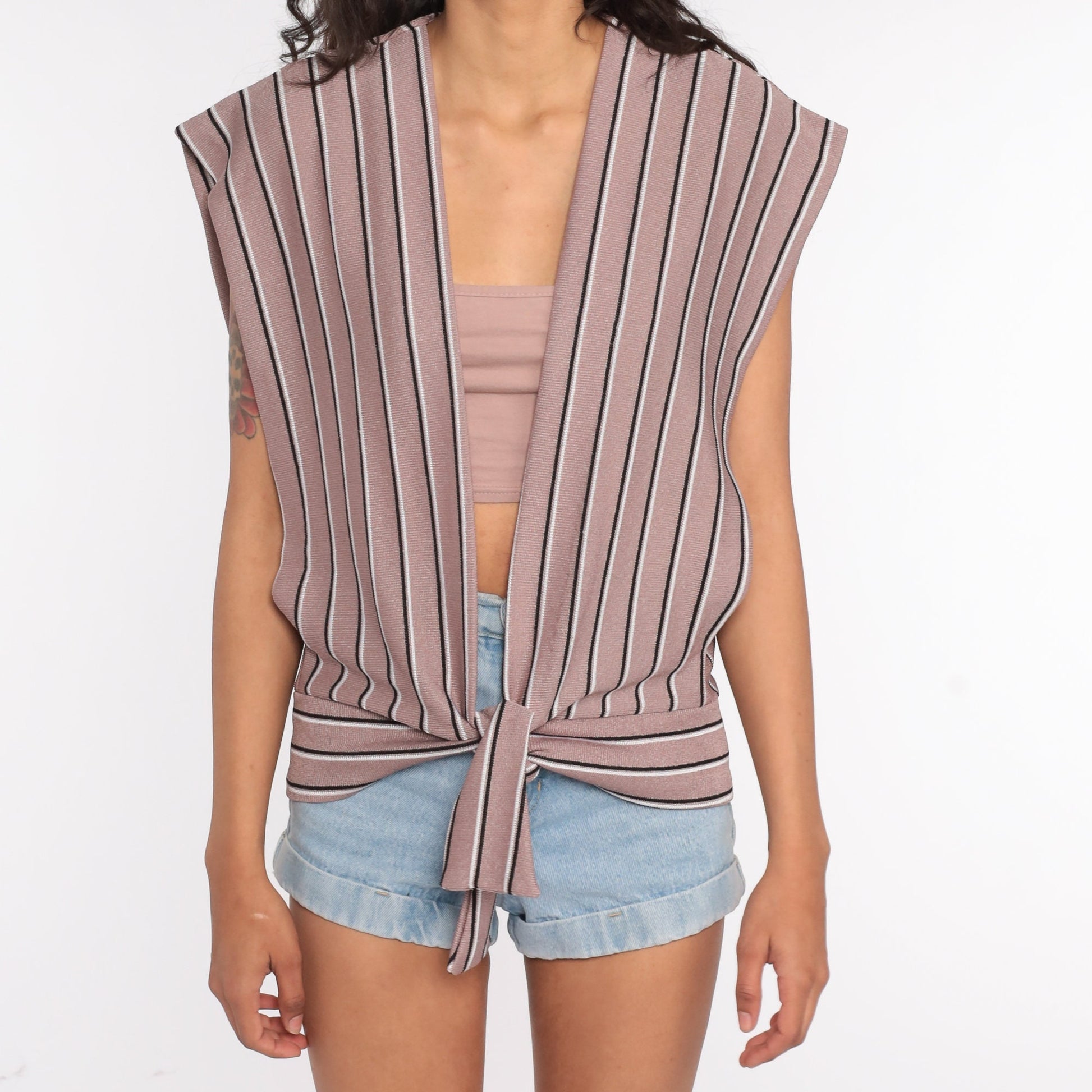 70s Taupe Striped Knit Tank Top Deep V Neck Sleeveless Plunge Small Medium Large