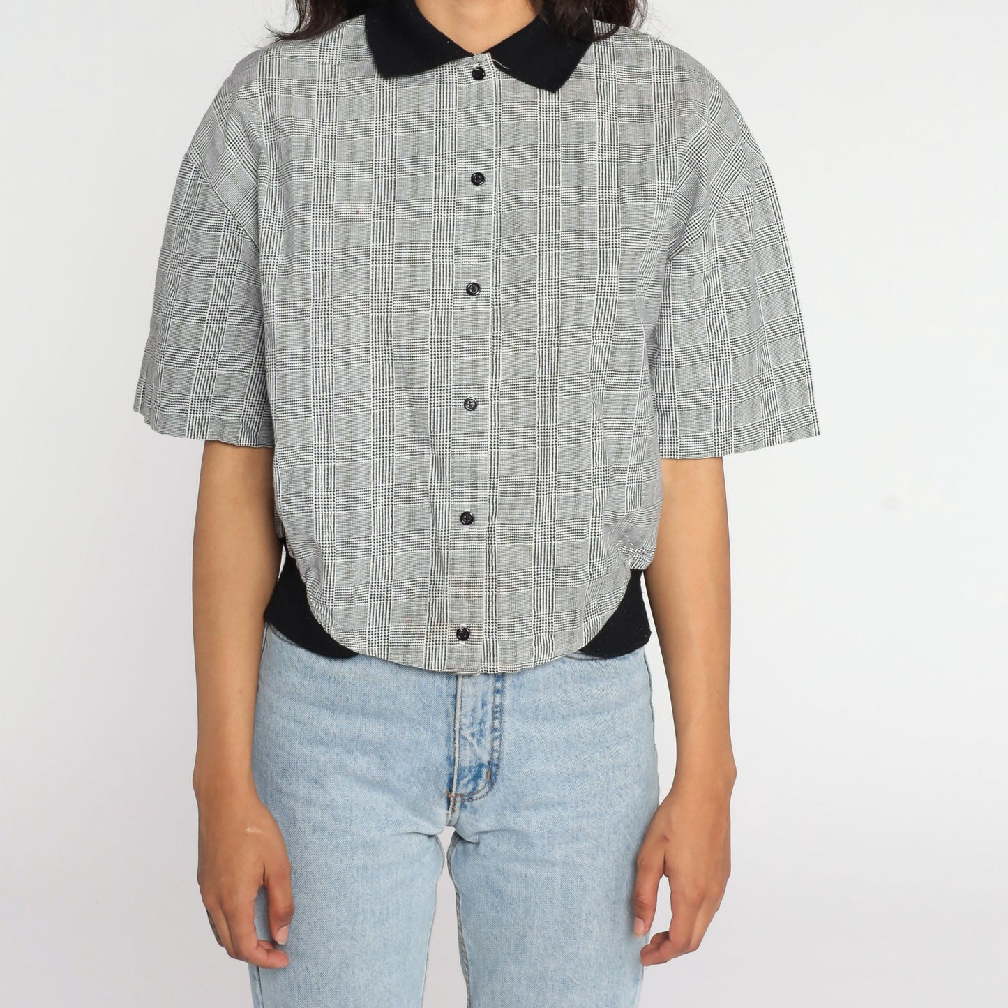 90s Black White Checkered Button-Up Shirt Cotton Short Sleeve Small