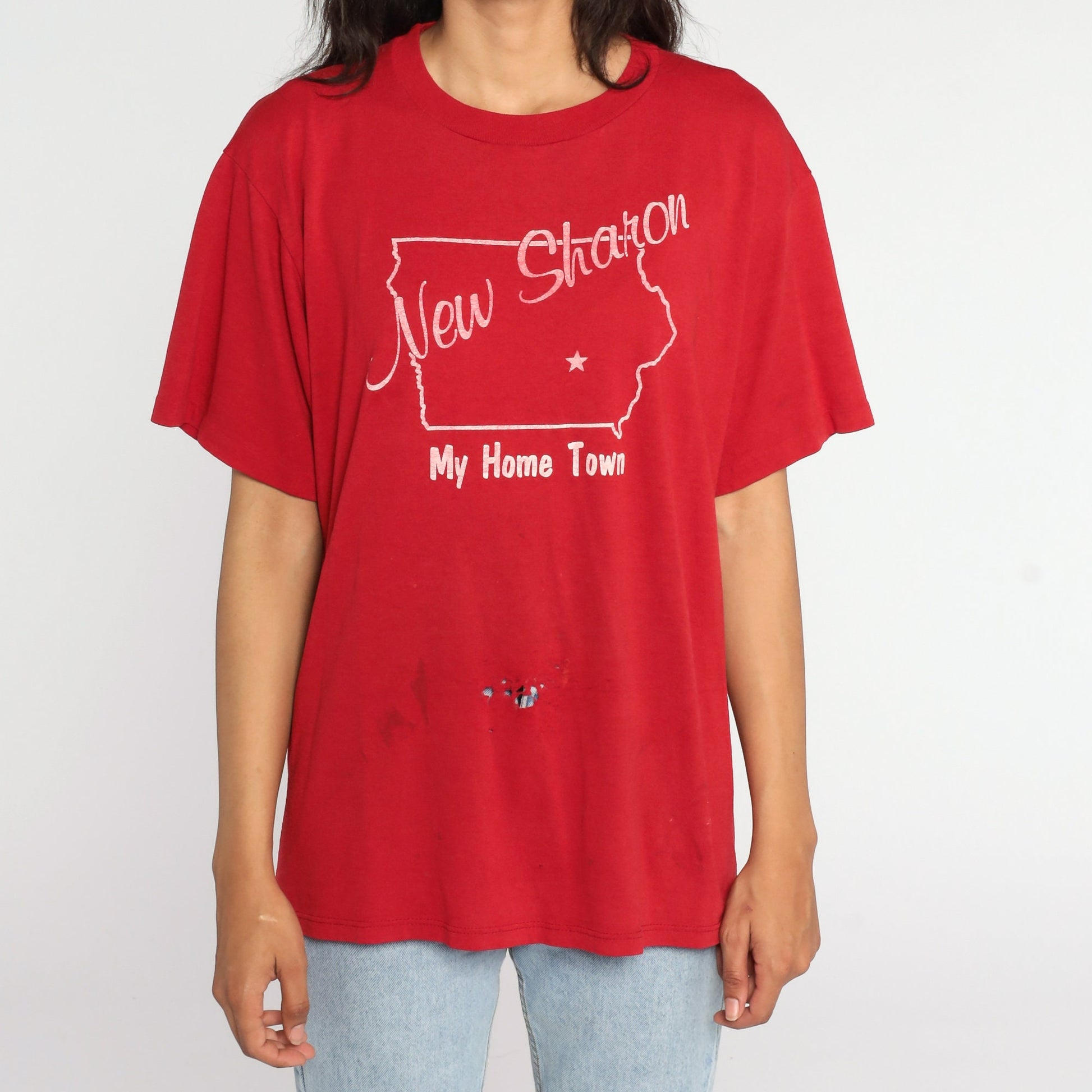 80s New Sharon Iowa Graphic T-Shirt Single Stitch Red Extra Large