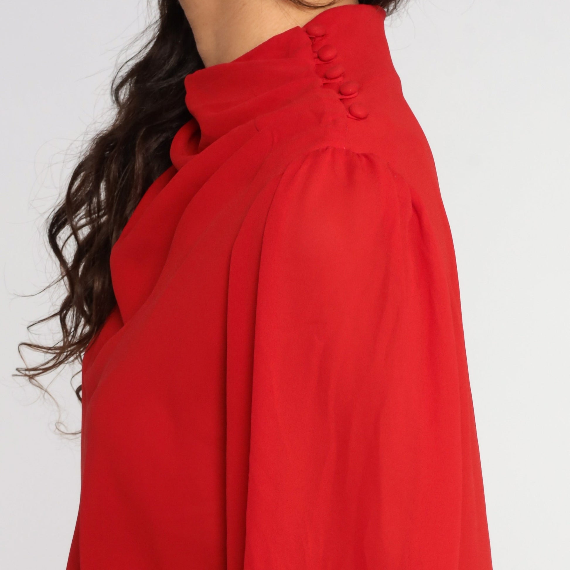 80s Red Sheer Cowl Neck Blouse Puff Sleeve Party Top Large L
