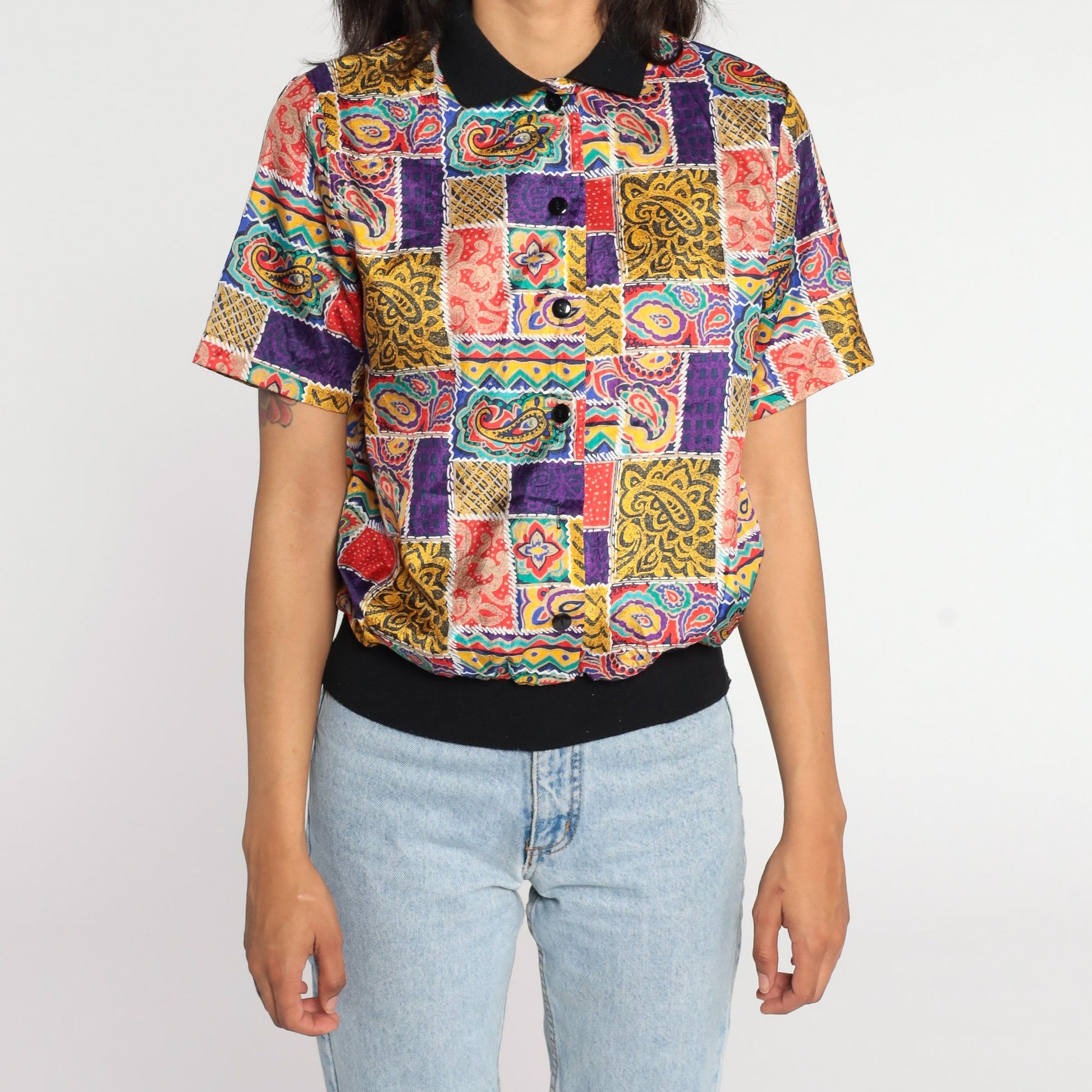 90s Paisley Print Button-Up Shirt Short Sleeve Blouse Medium