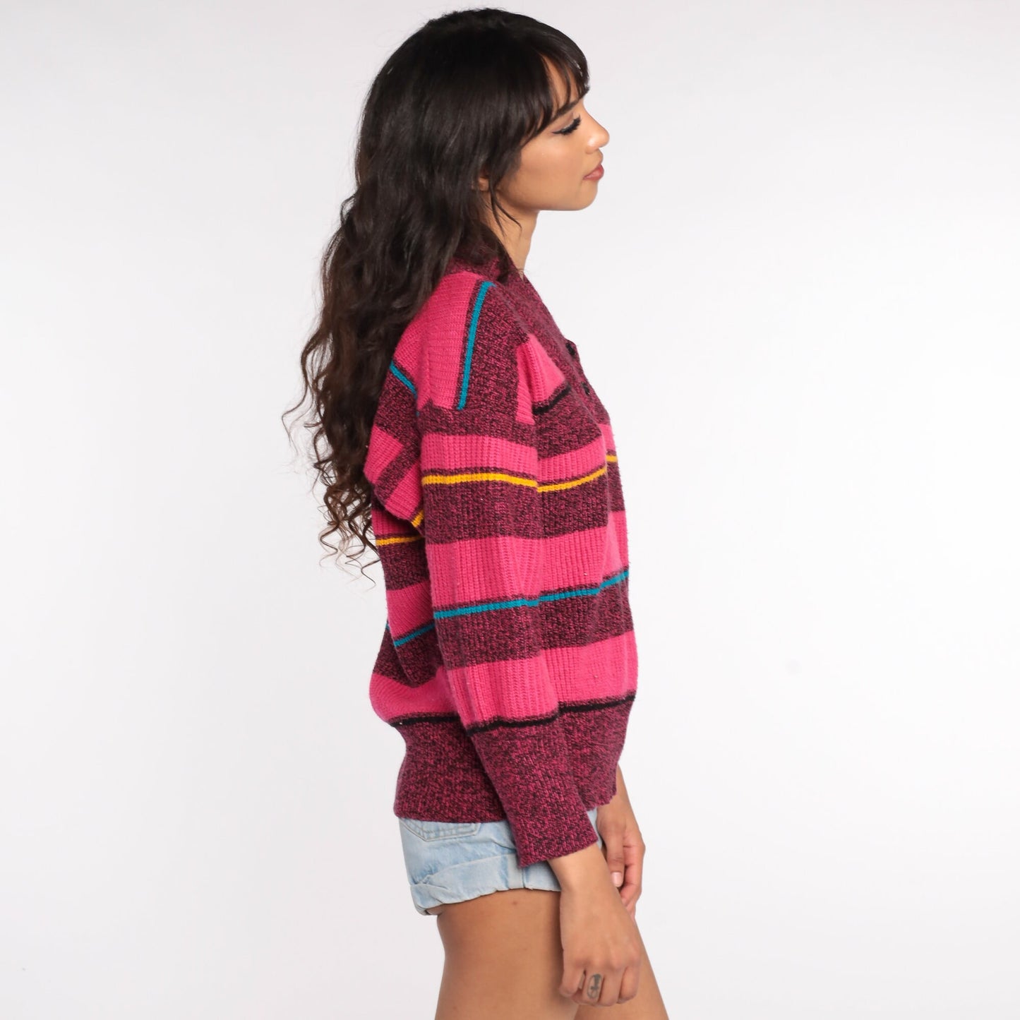80s Gitano Striped V-Neck Sweater Hot Pink Pullover Medium