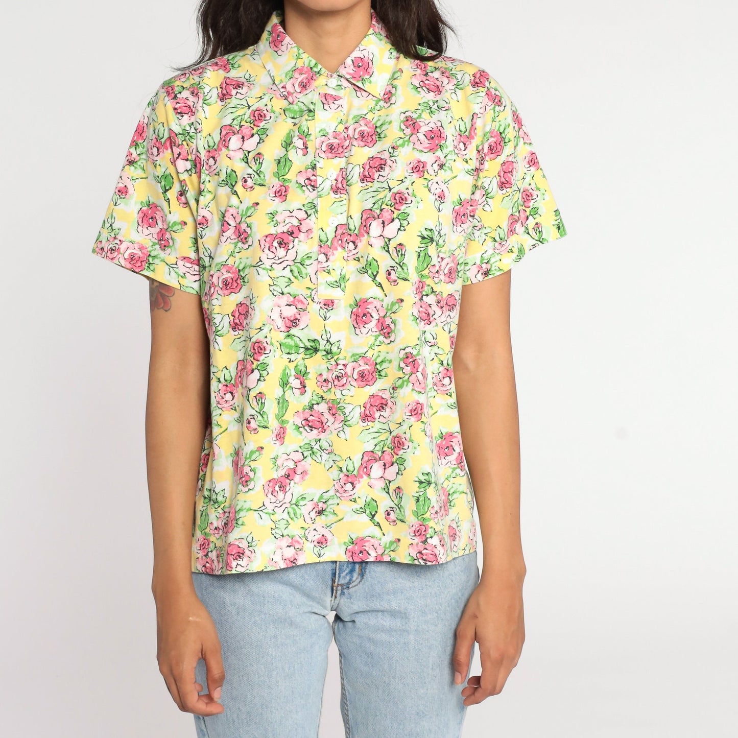 80s Yellow Floral Button-Up Blouse Short Sleeve Pink Rose Print Medium